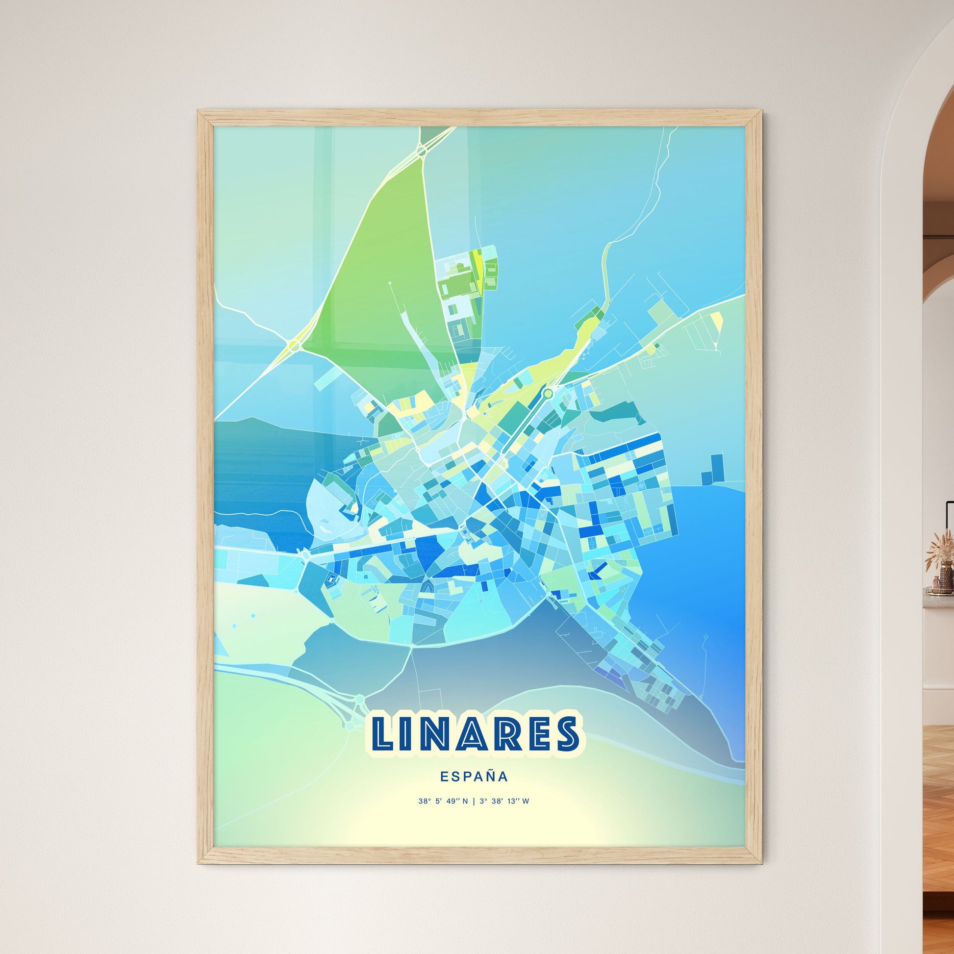 Colorful LINARES SPAIN Fine Art Map Cool Blue