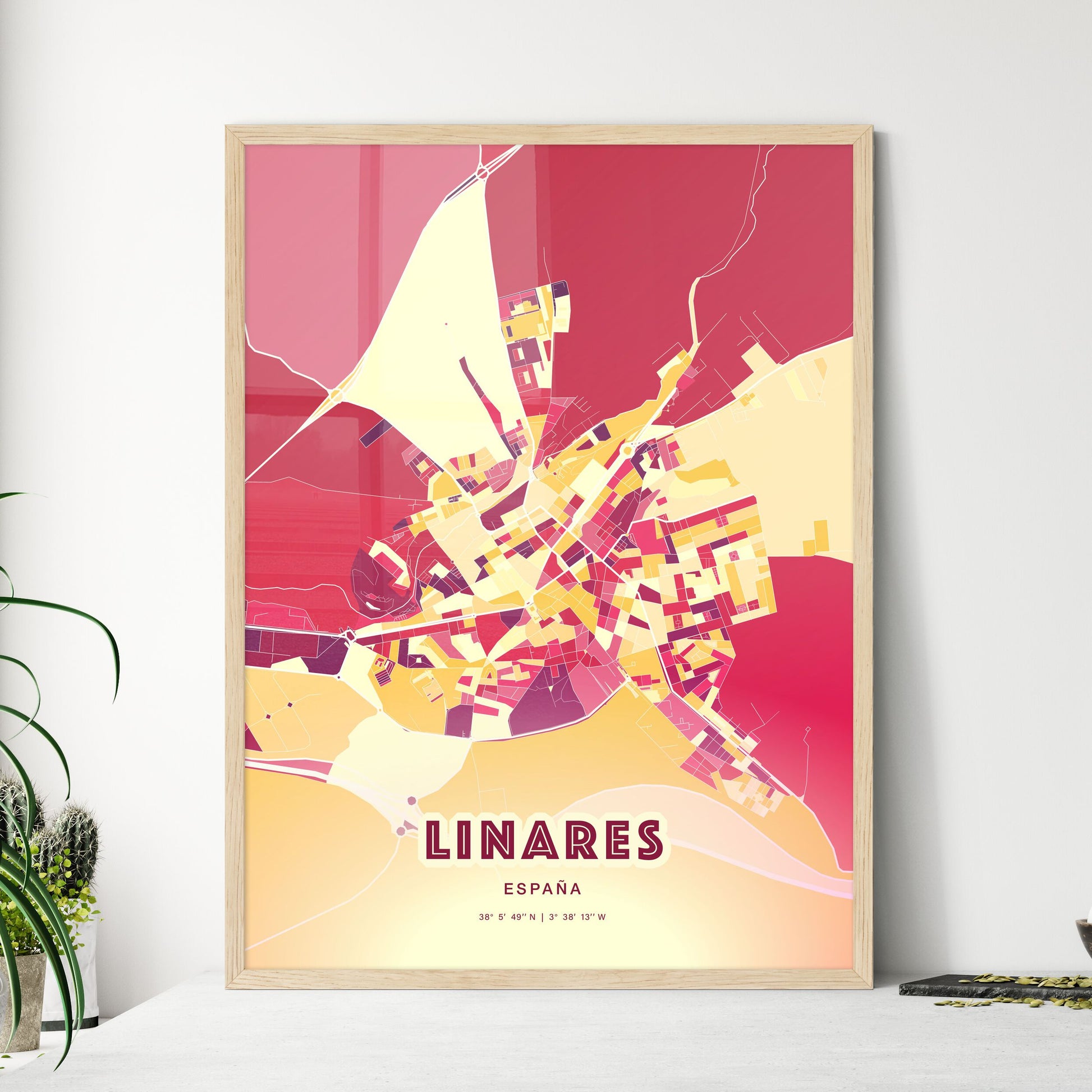 Colorful LINARES SPAIN Fine Art Map Hot Red