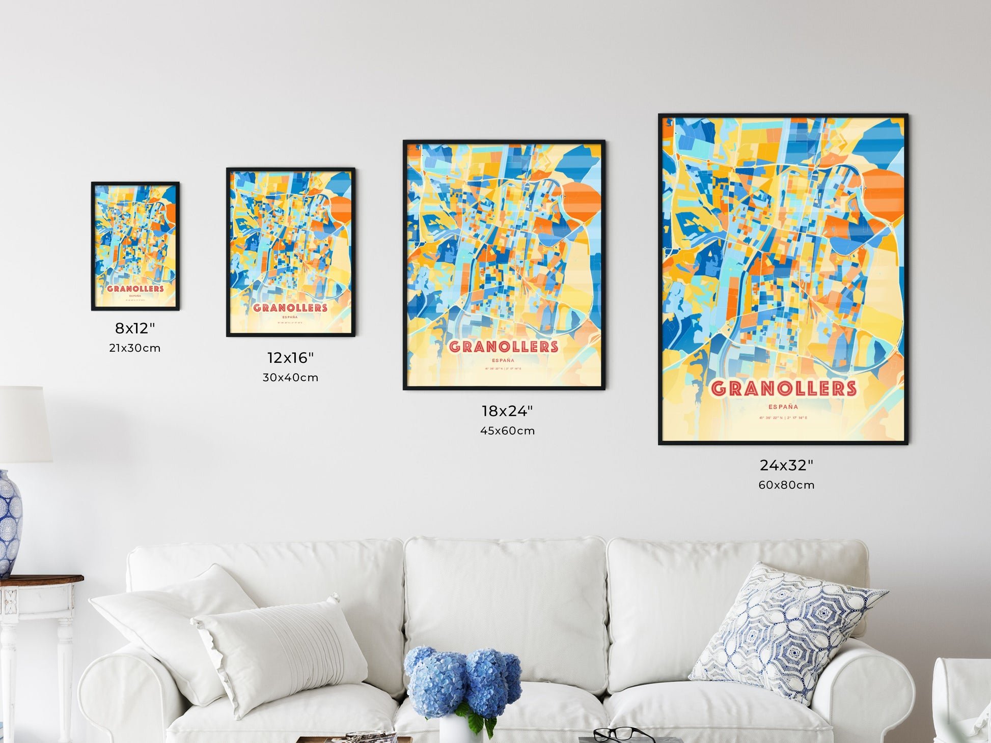 Colorful GRANOLLERS SPAIN Fine Art Map Blue Orange