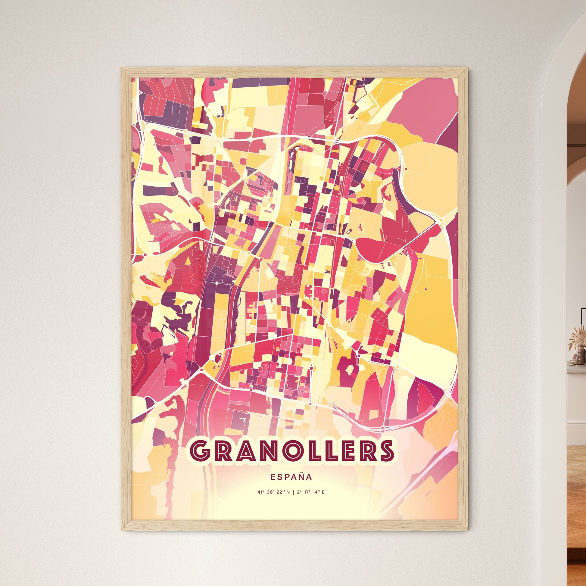 Colorful GRANOLLERS SPAIN Fine Art Map Hot Red