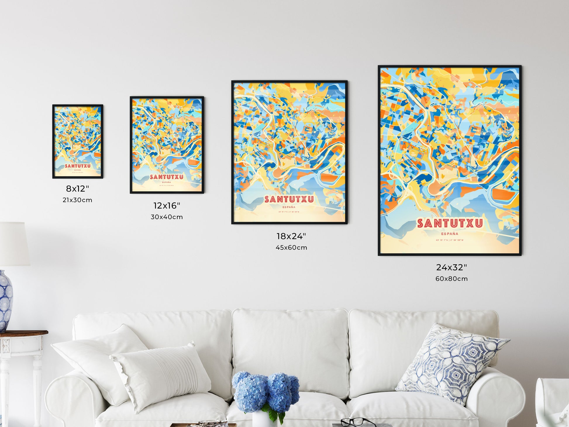 Colorful SANTUTXU SPAIN Fine Art Map Blue Orange