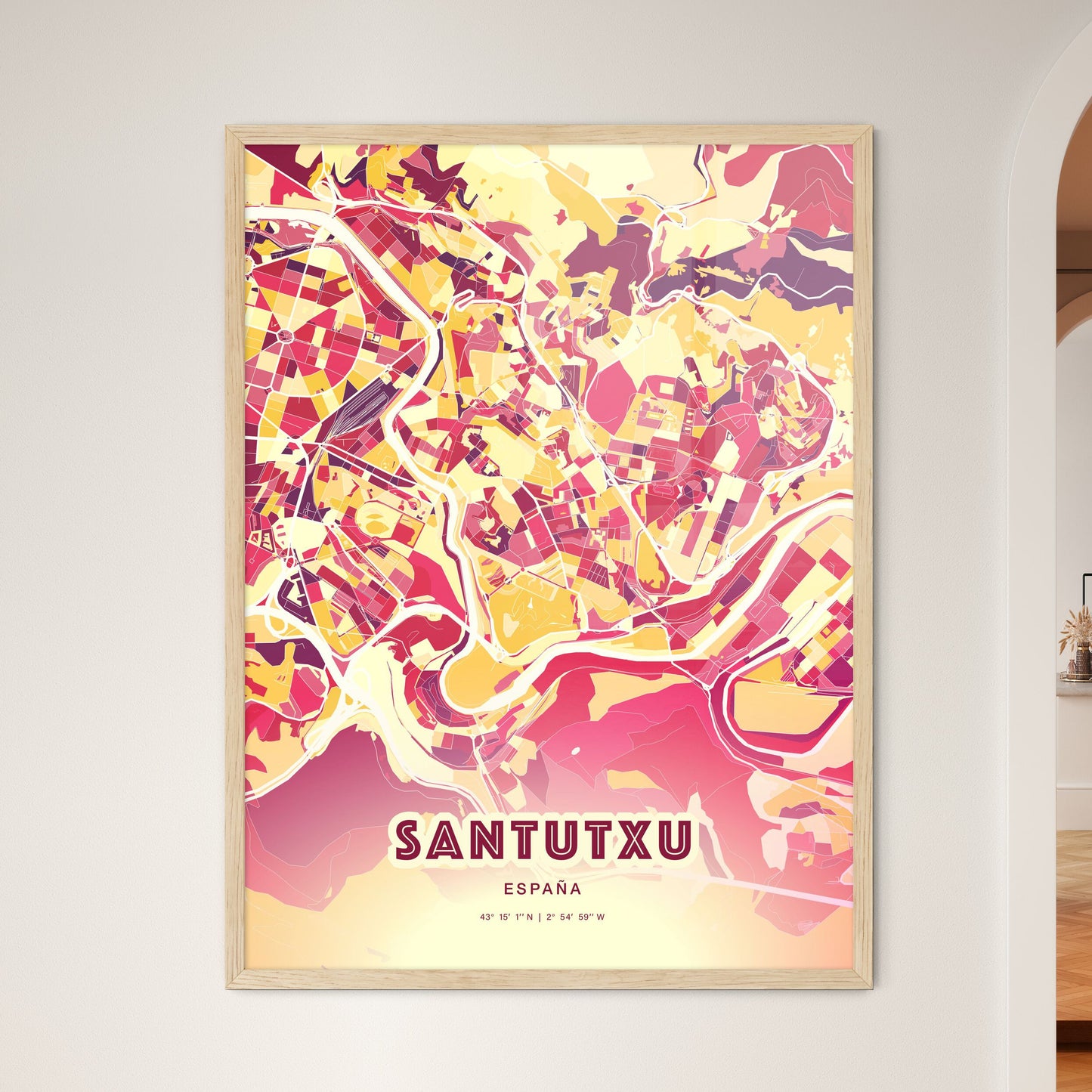 Colorful SANTUTXU SPAIN Fine Art Map Hot Red