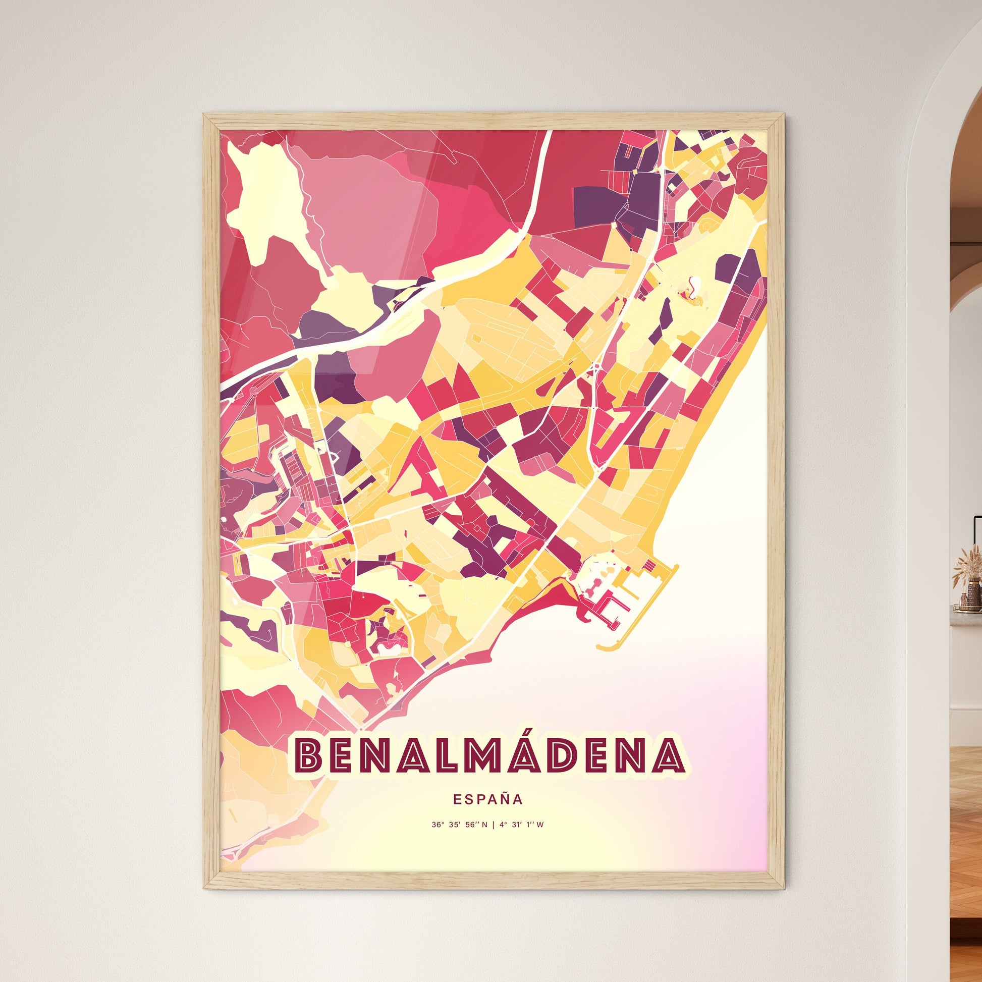 Colorful BENALMÁDENA SPAIN Fine Art Map Hot Red