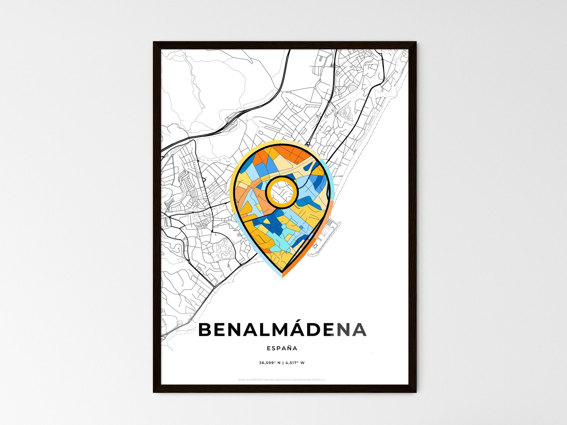 Benalmádena Spain wedding art map with pointer icon