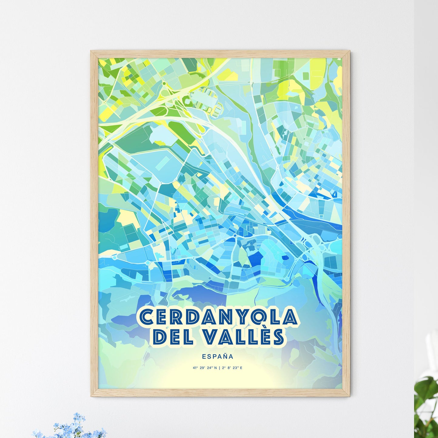 Colorful CERDANYOLA DEL VALLÈS SPAIN Fine Art Map Cool Blue