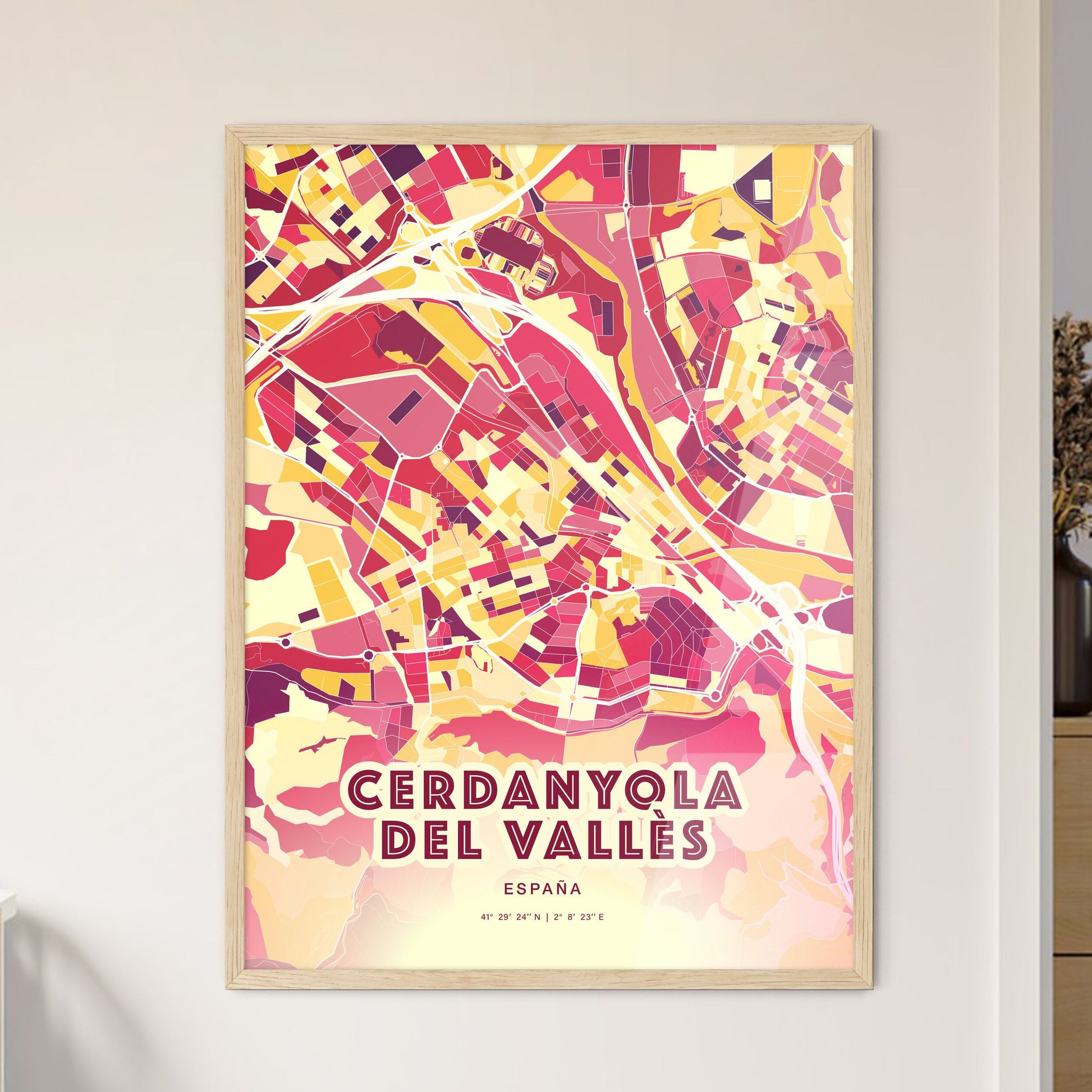 Colorful CERDANYOLA DEL VALLÈS SPAIN Fine Art Map Hot Red