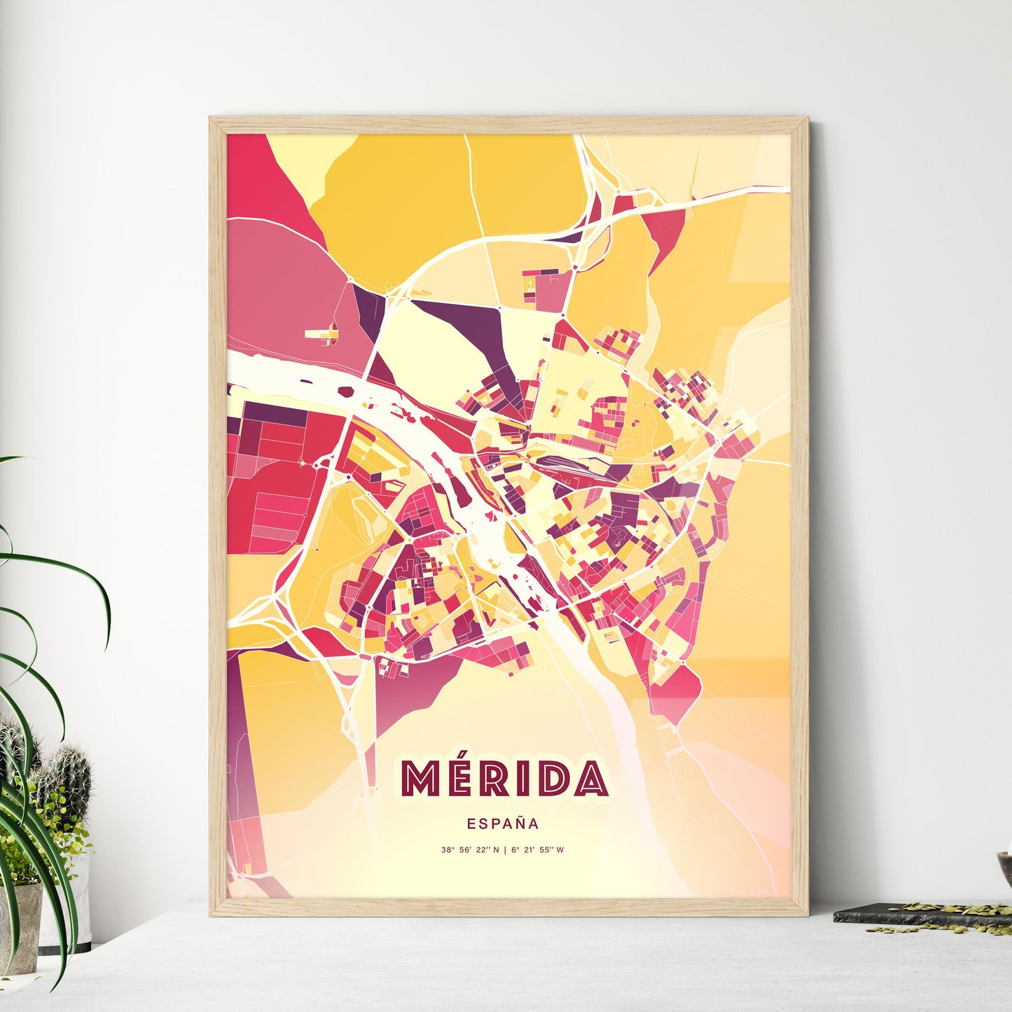 Colorful MÉRIDA SPAIN Fine Art Map Hot Red