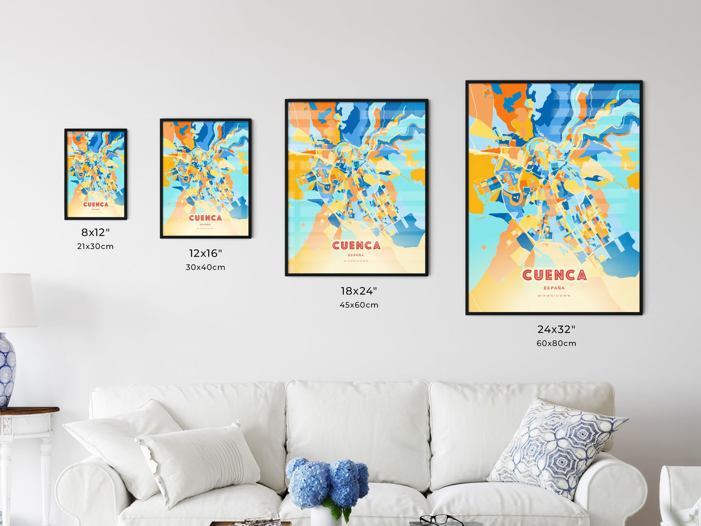 Colorful CUENCA SPAIN Fine Art Map Blue Orange