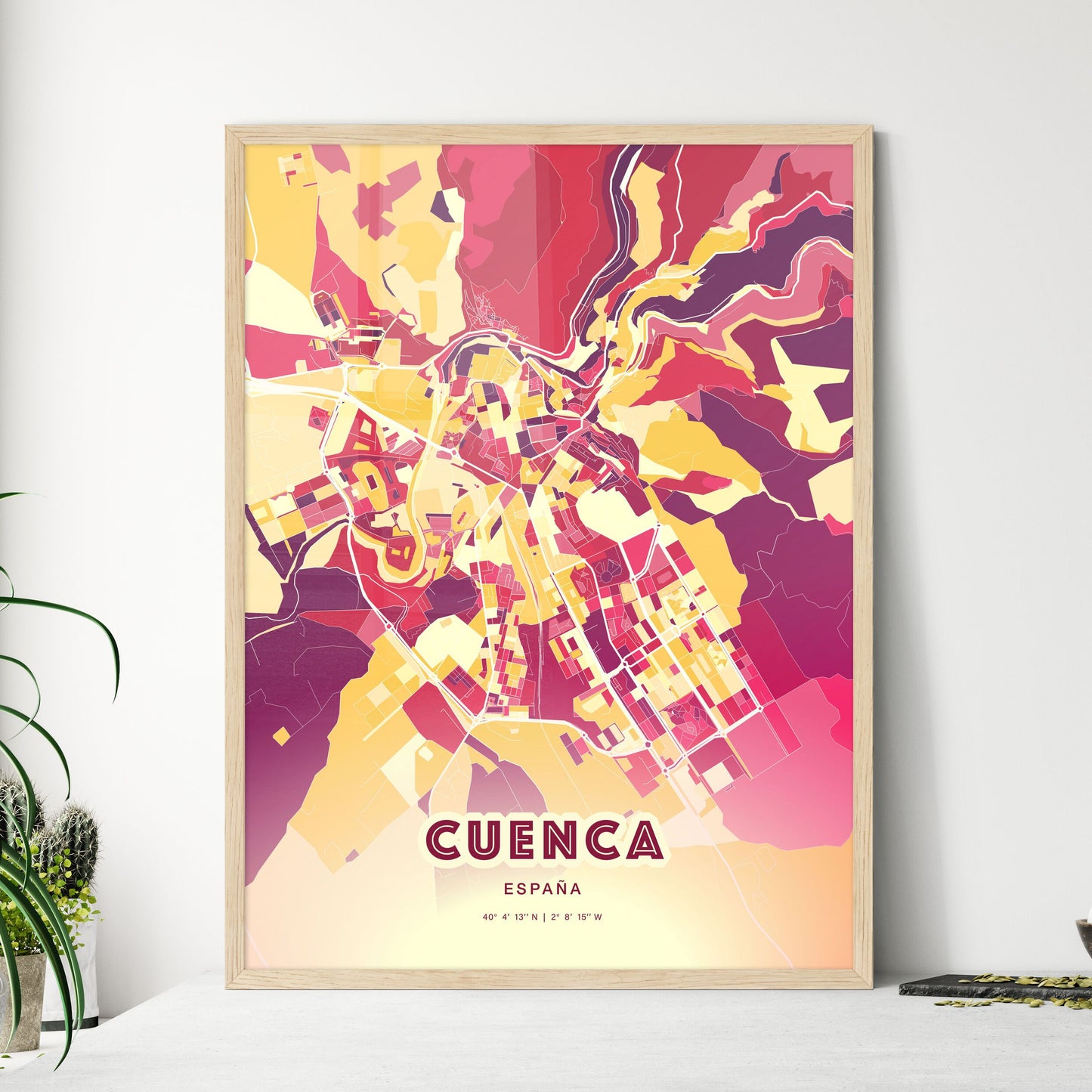 Colorful CUENCA SPAIN Fine Art Map Hot Red