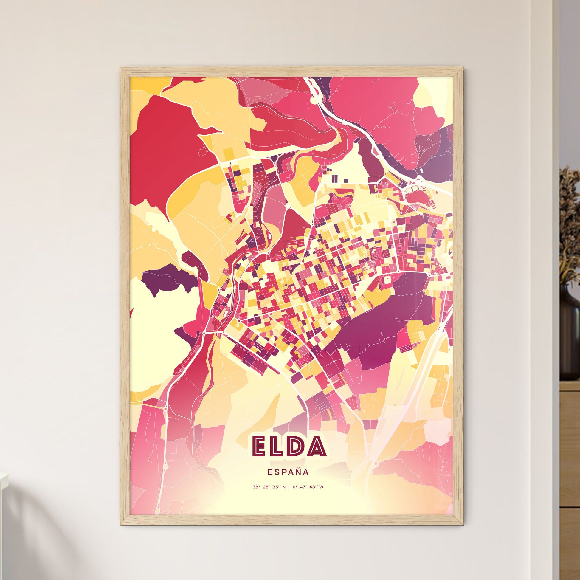 Colorful ELDA SPAIN Fine Art Map Hot Red