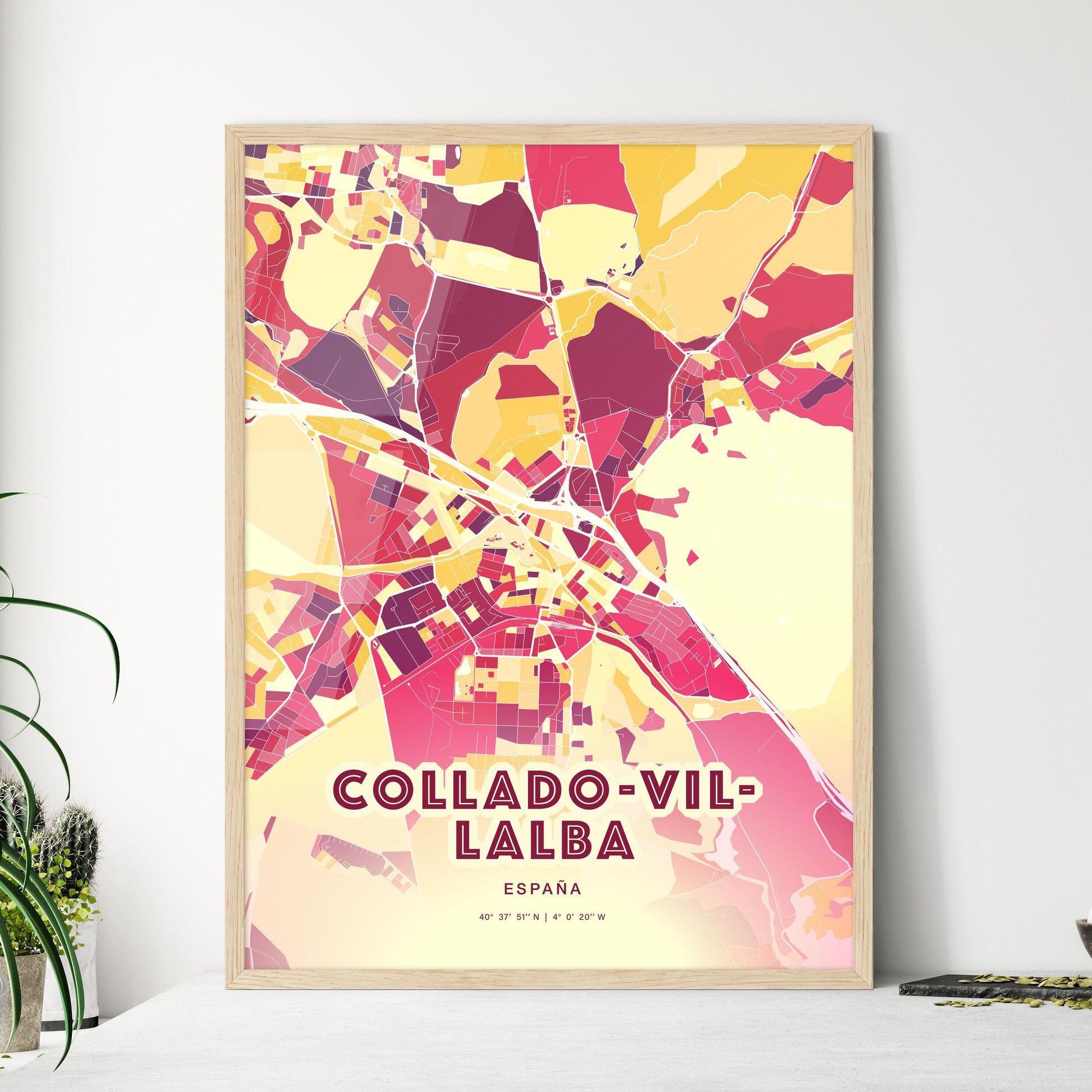 Colorful COLLADO-VILLALBA SPAIN Fine Art Map Hot Red