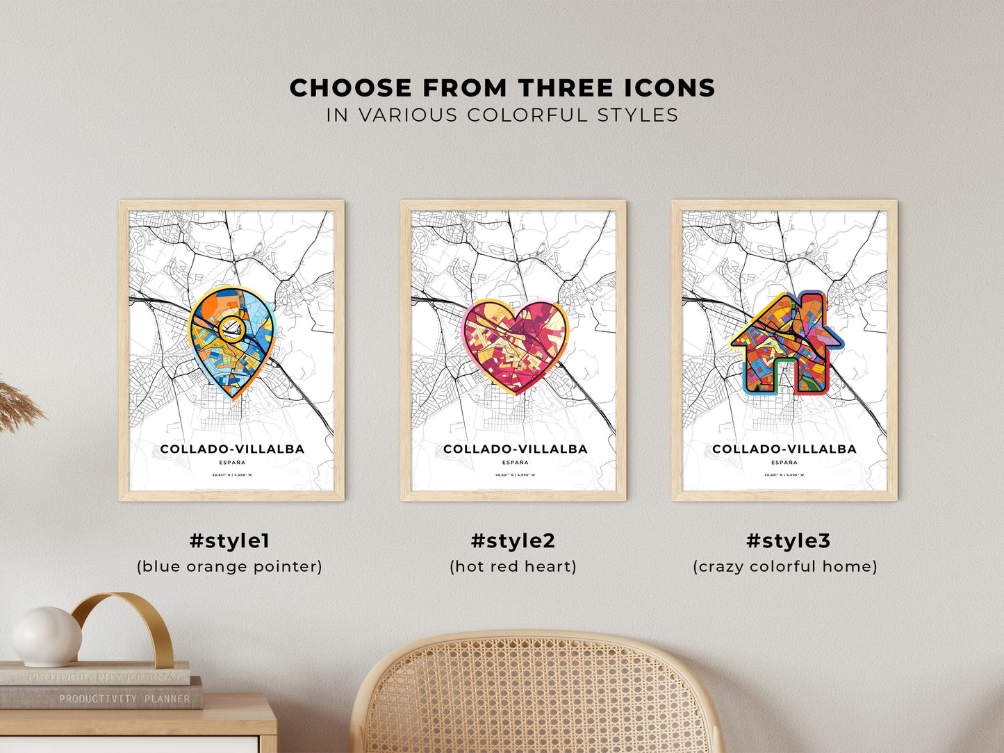 COLLADO-VILLALBA SPAIN minimal art map with a colorful icon. Where it all began, Couple map gift.