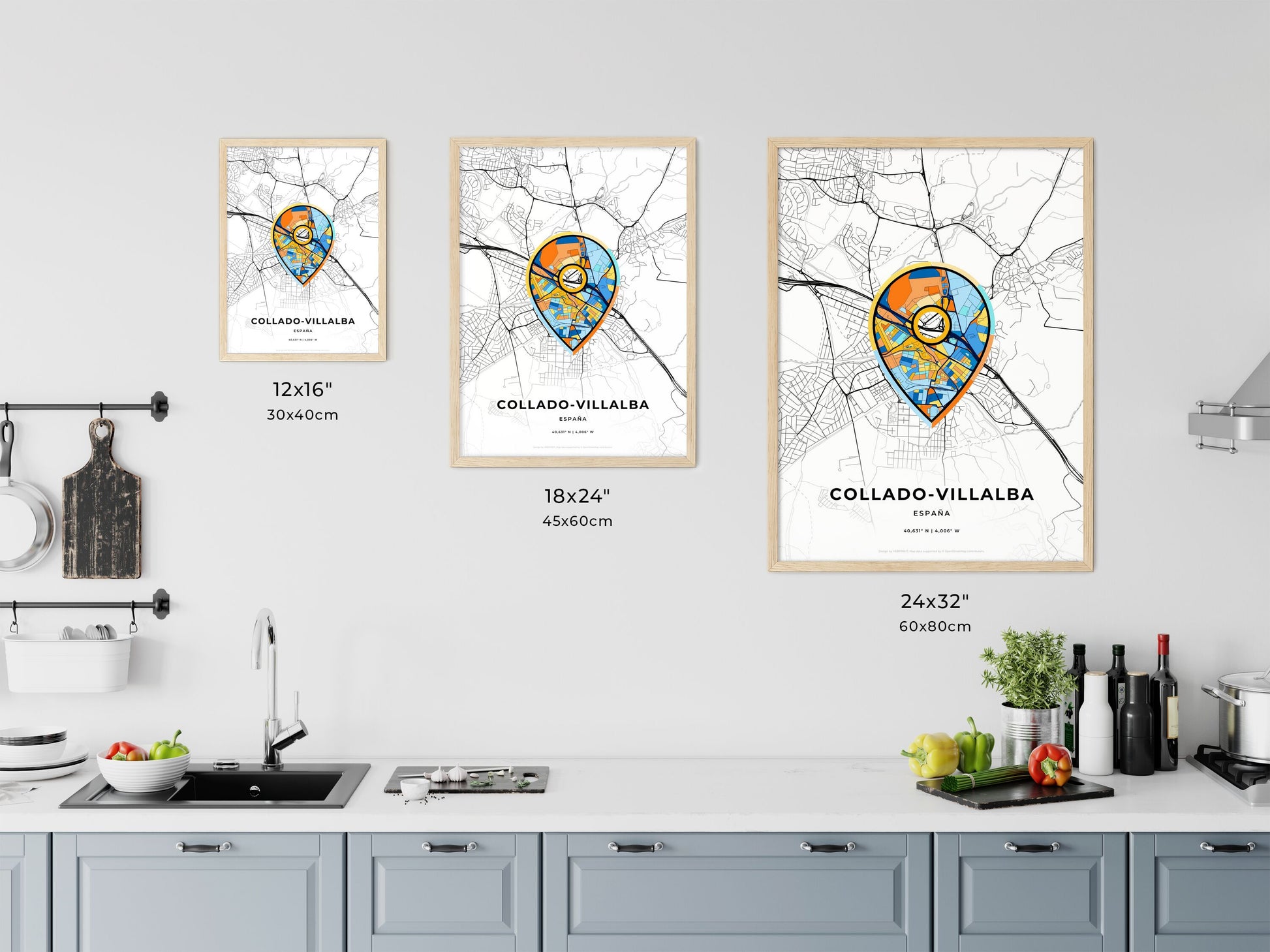 COLLADO-VILLALBA SPAIN minimal art map with a colorful icon. Where it all began, Couple map gift.