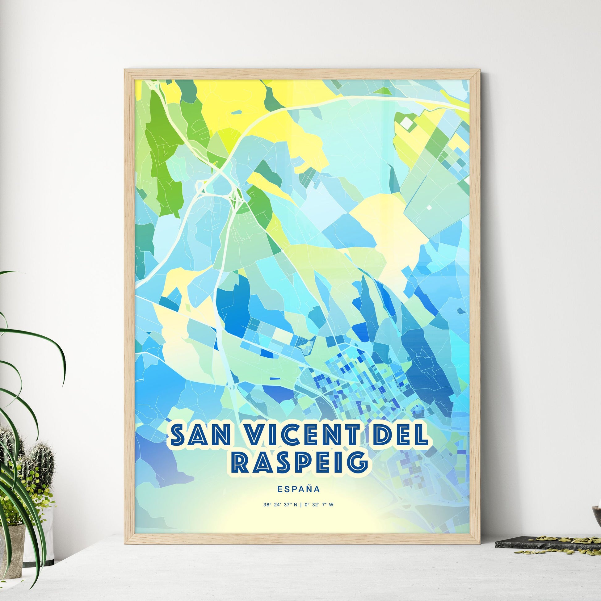 Colorful SAN VICENT DEL RASPEIG SPAIN Fine Art Map Cool Blue