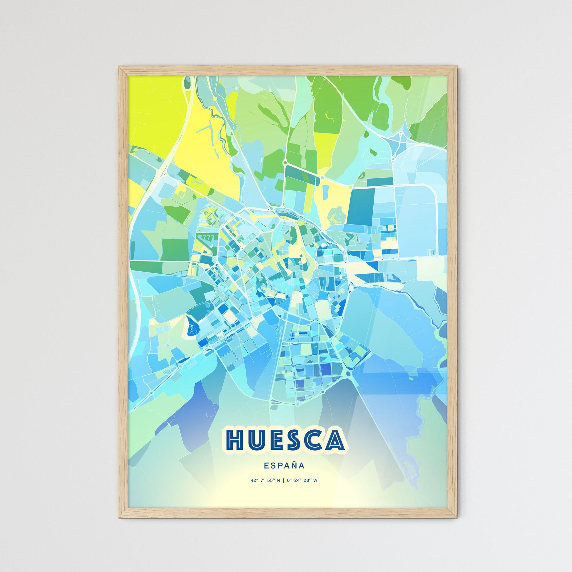 Colorful HUESCA SPAIN Fine Art Map Cool Blue