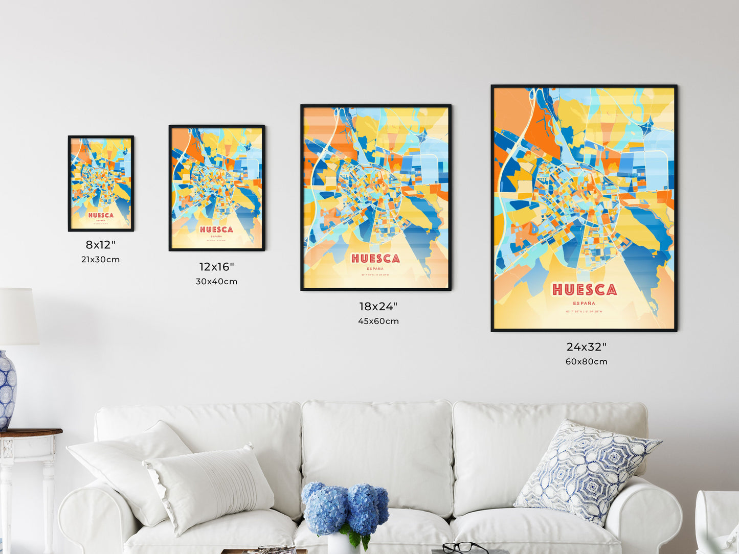 Colorful HUESCA SPAIN Fine Art Map Blue Orange