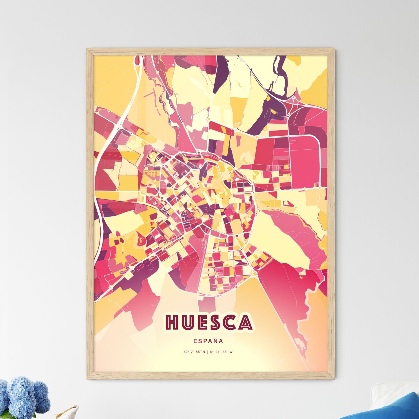 Colorful HUESCA SPAIN Fine Art Map Hot Red