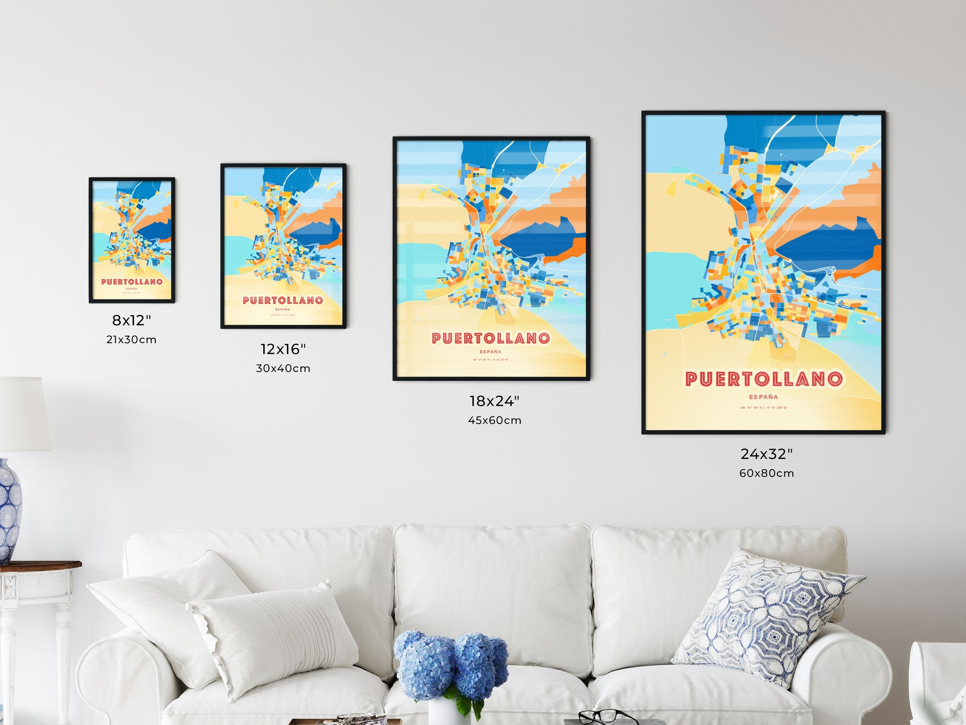 Colorful PUERTOLLANO SPAIN Fine Art Map Blue Orange