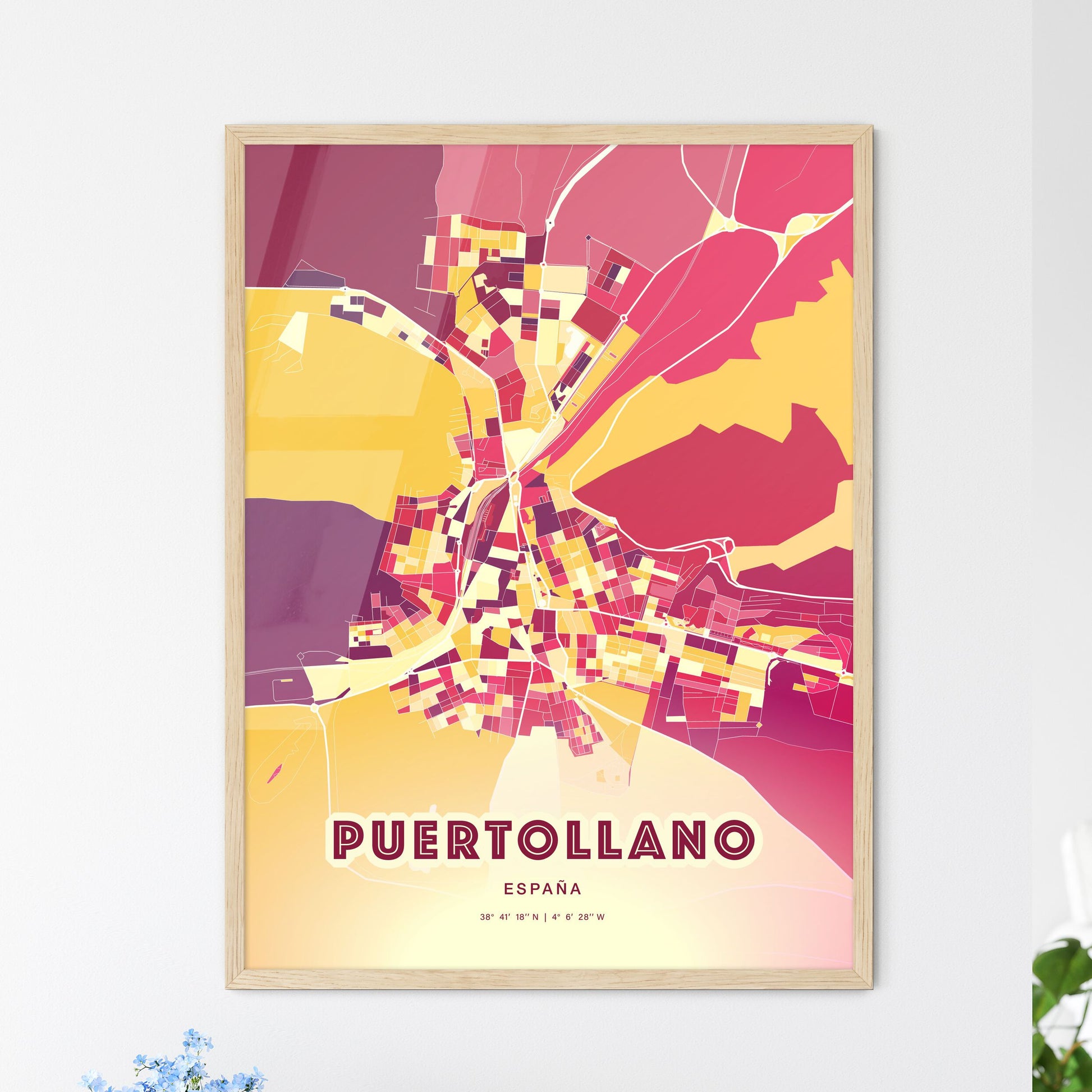 Colorful PUERTOLLANO SPAIN Fine Art Map Hot Red