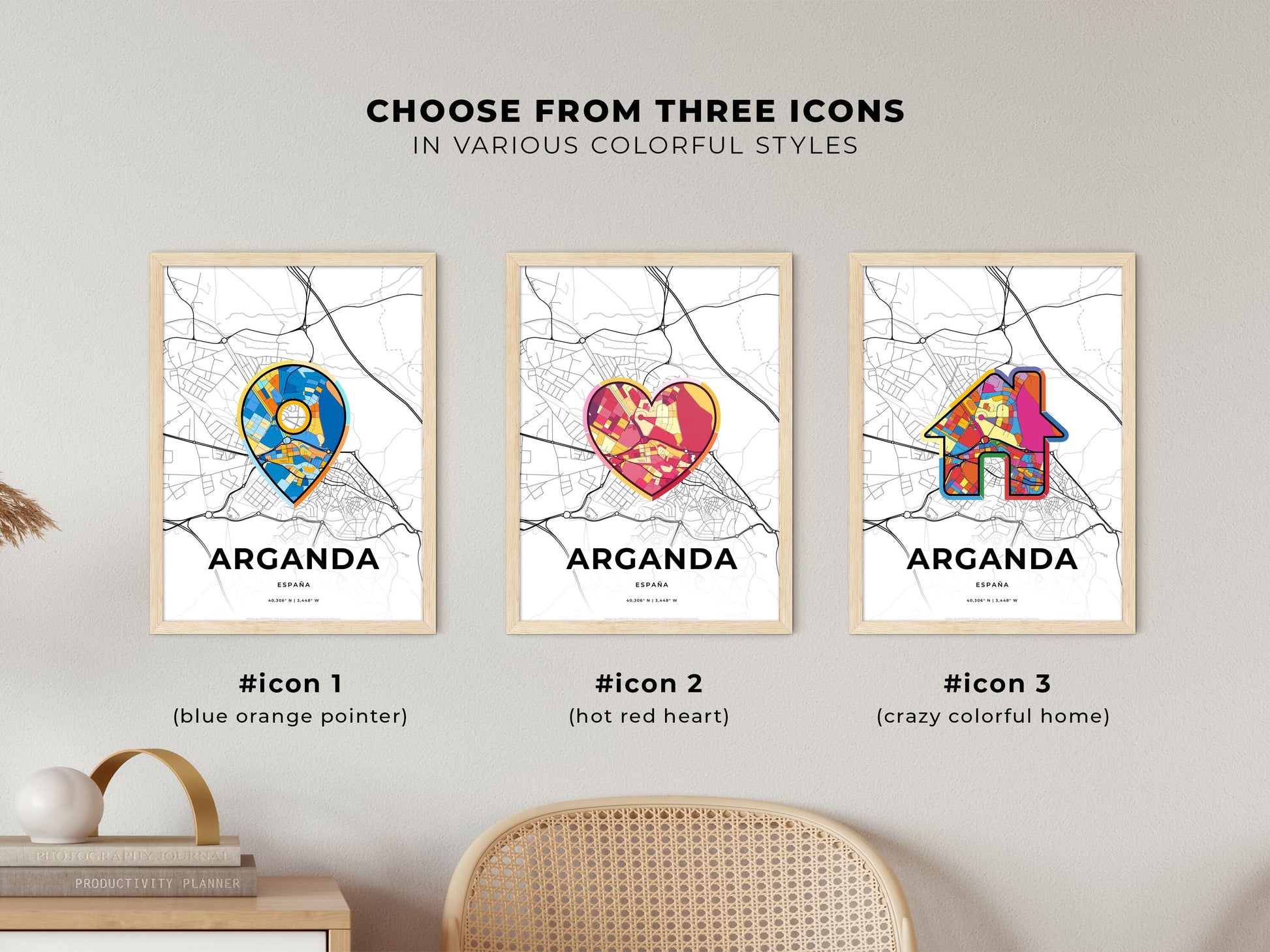Arganda Spain maps with colorful icons