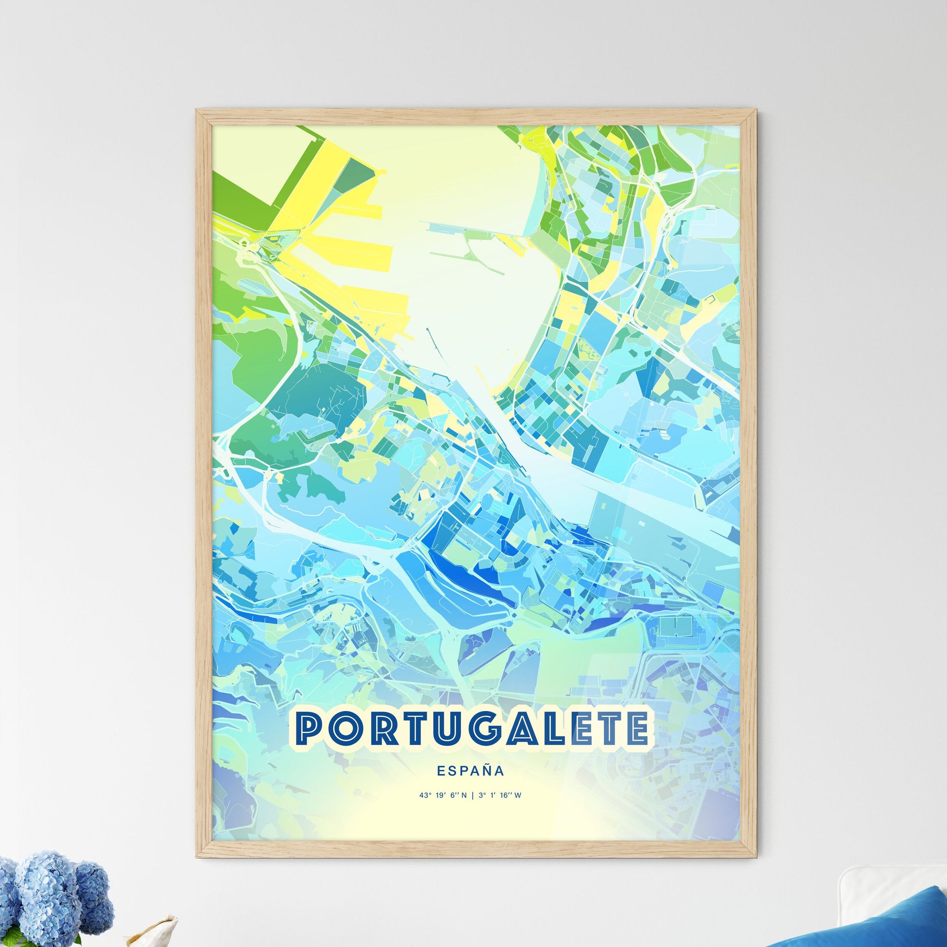 Colorful PORTUGALETE SPAIN Fine Art Map Cool Blue