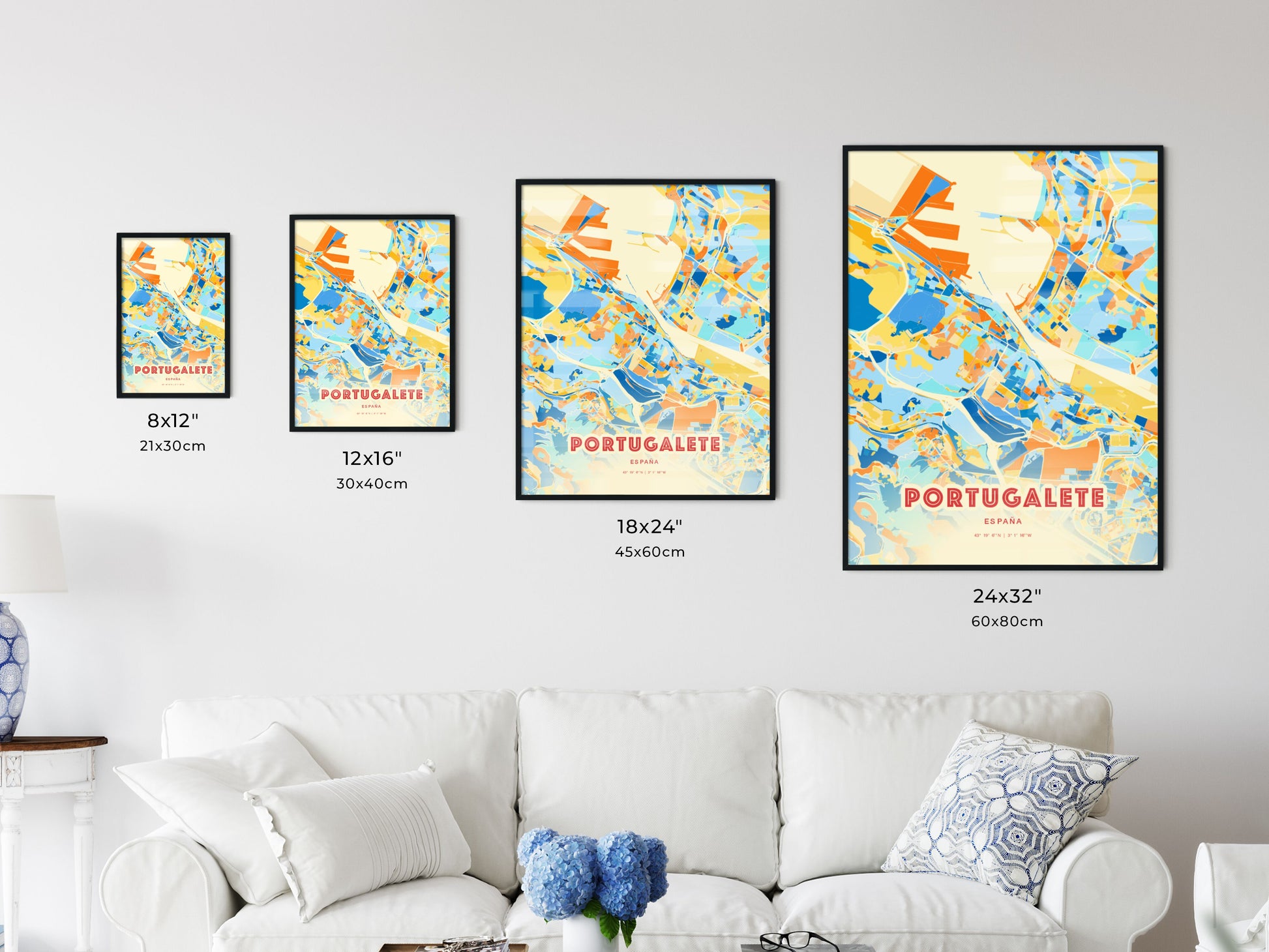 Colorful PORTUGALETE SPAIN Fine Art Map Blue Orange