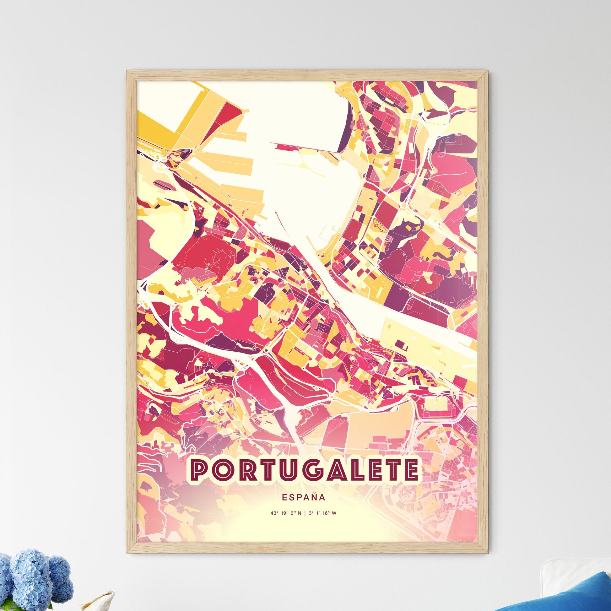 Colorful PORTUGALETE SPAIN Fine Art Map Hot Red