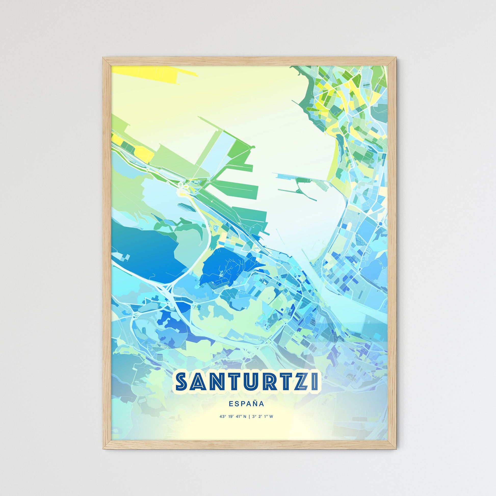 Colorful SANTURTZI SPAIN Fine Art Map Cool Blue