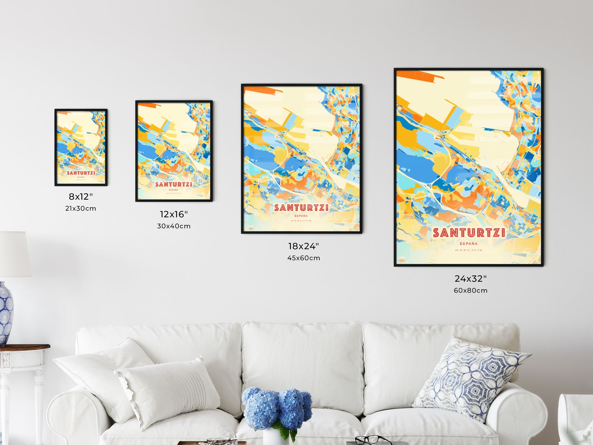 Colorful SANTURTZI SPAIN Fine Art Map Blue Orange