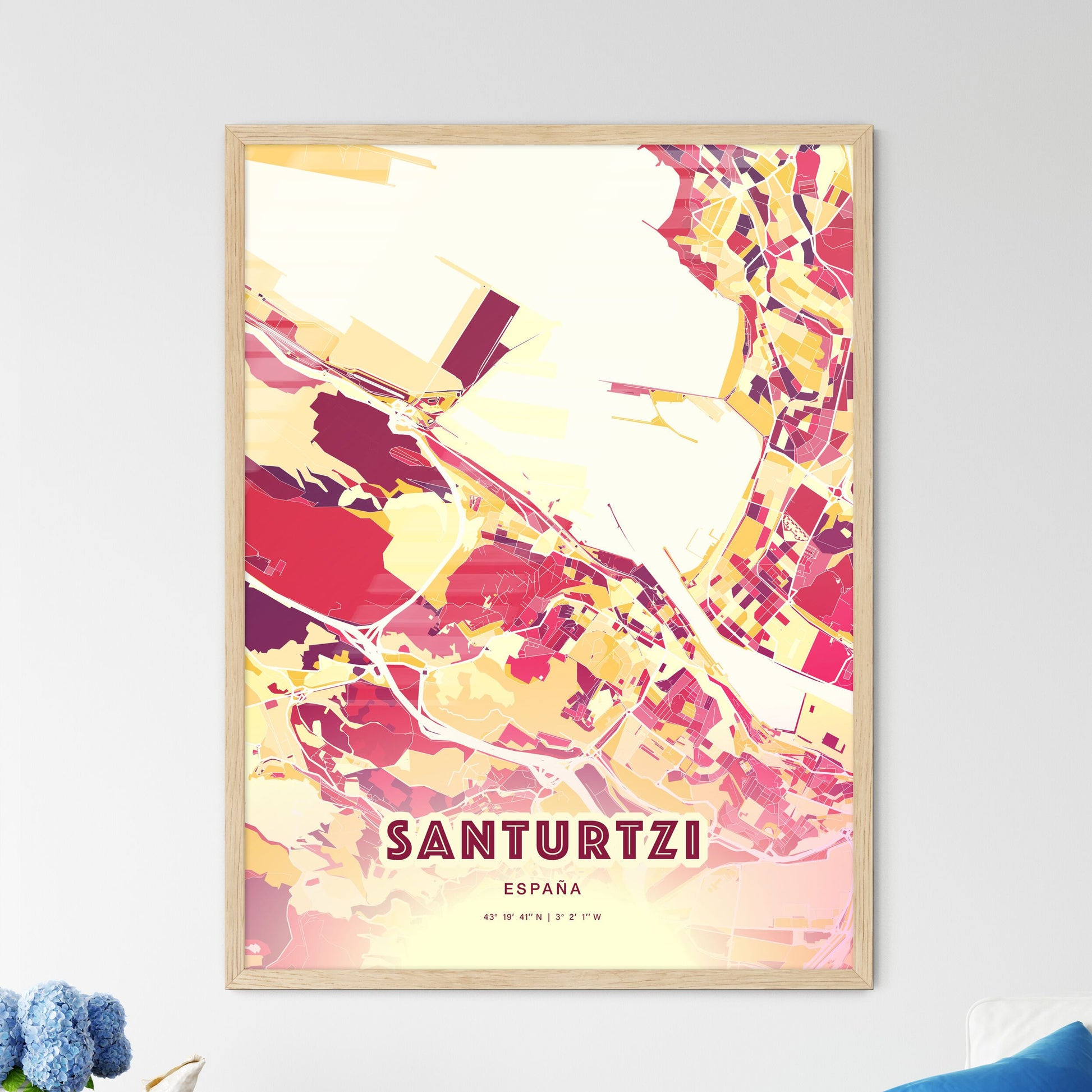 Colorful SANTURTZI SPAIN Fine Art Map Hot Red