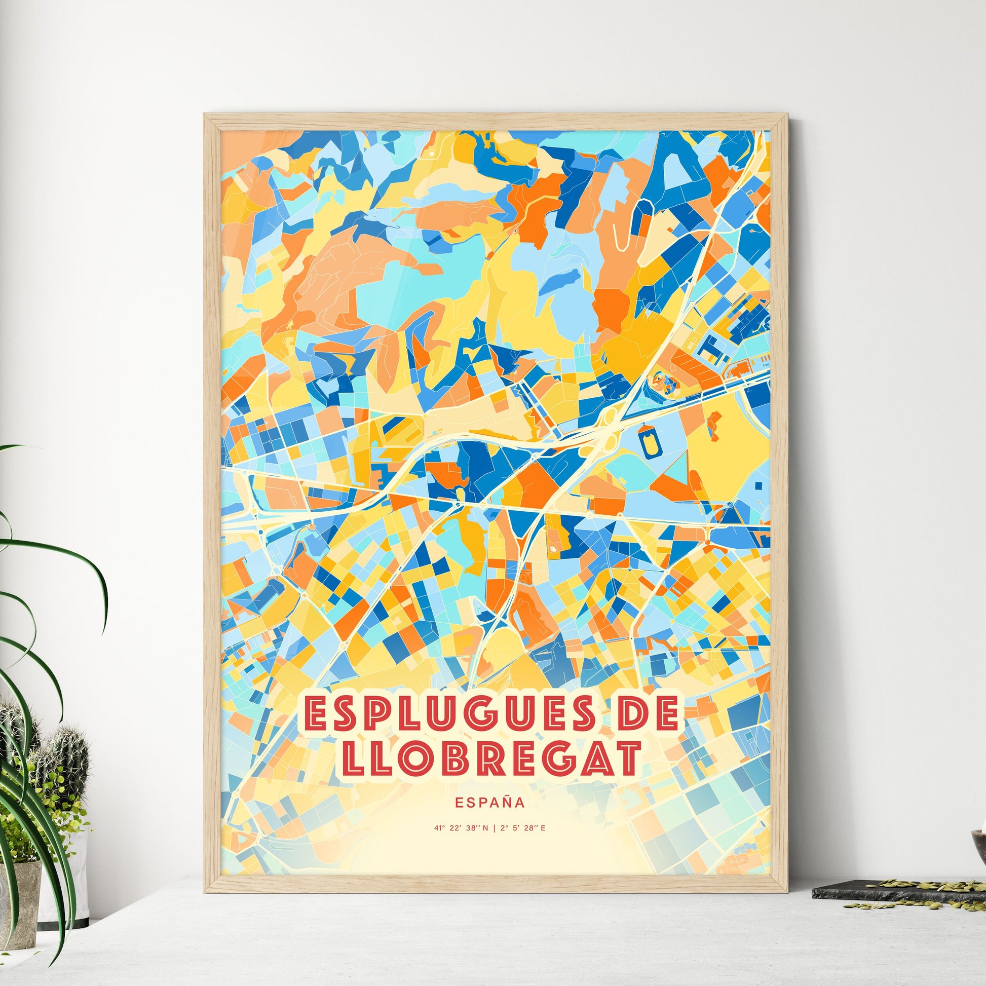 Colorful ESPLUGUES DE LLOBREGAT SPAIN Fine Art Map Blue Orange