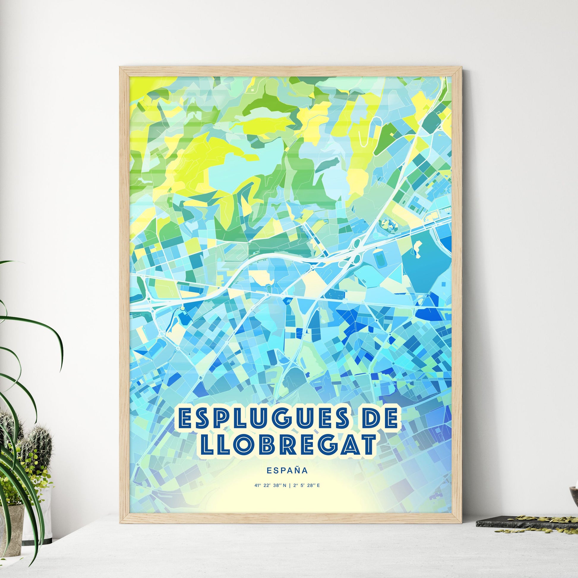 Colorful ESPLUGUES DE LLOBREGAT SPAIN Fine Art Map Cool Blue