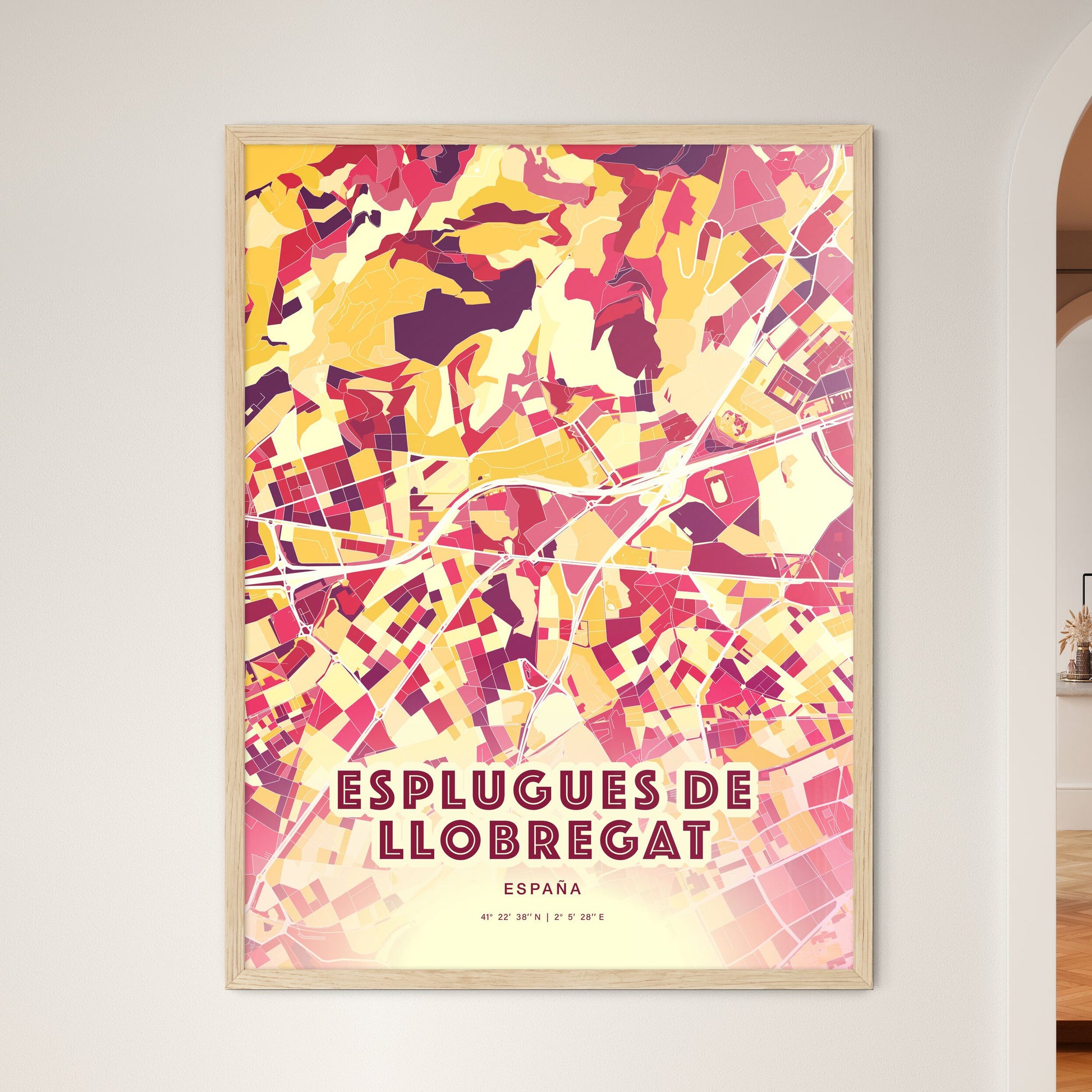 Colorful ESPLUGUES DE LLOBREGAT SPAIN Fine Art Map Hot Red