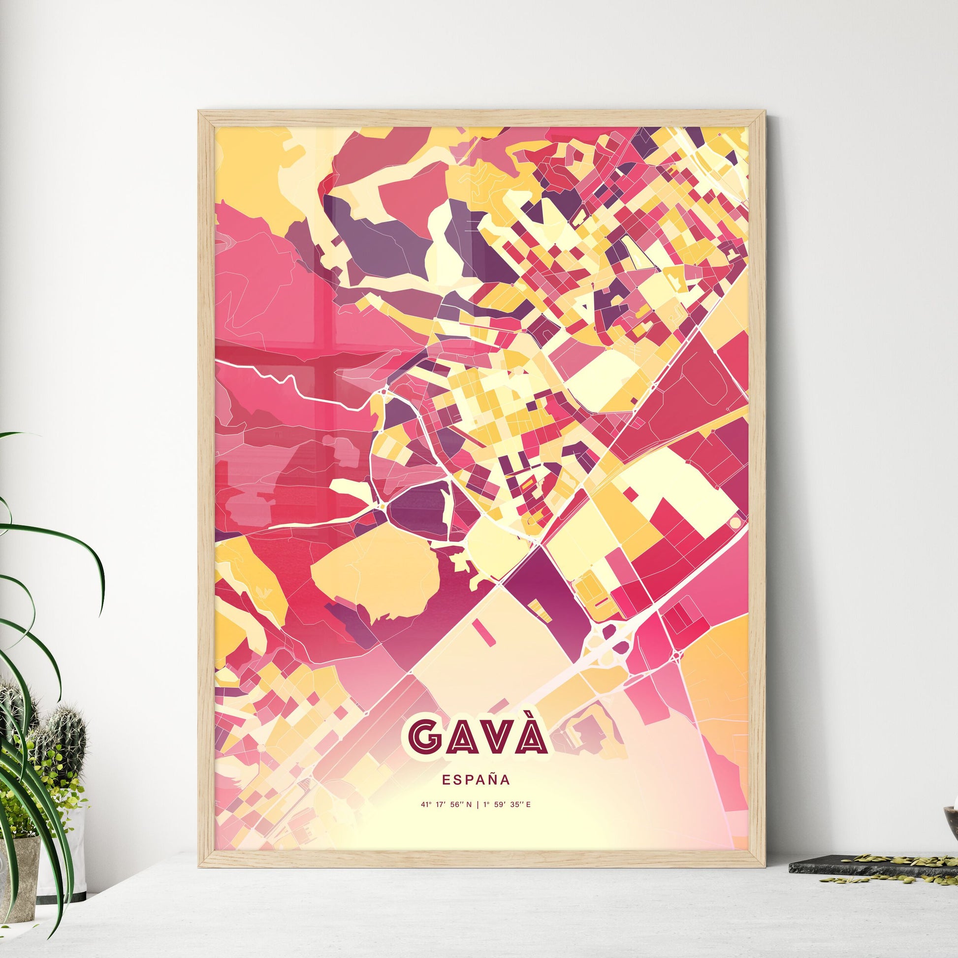 Colorful GAVÀ SPAIN Fine Art Map Hot Red