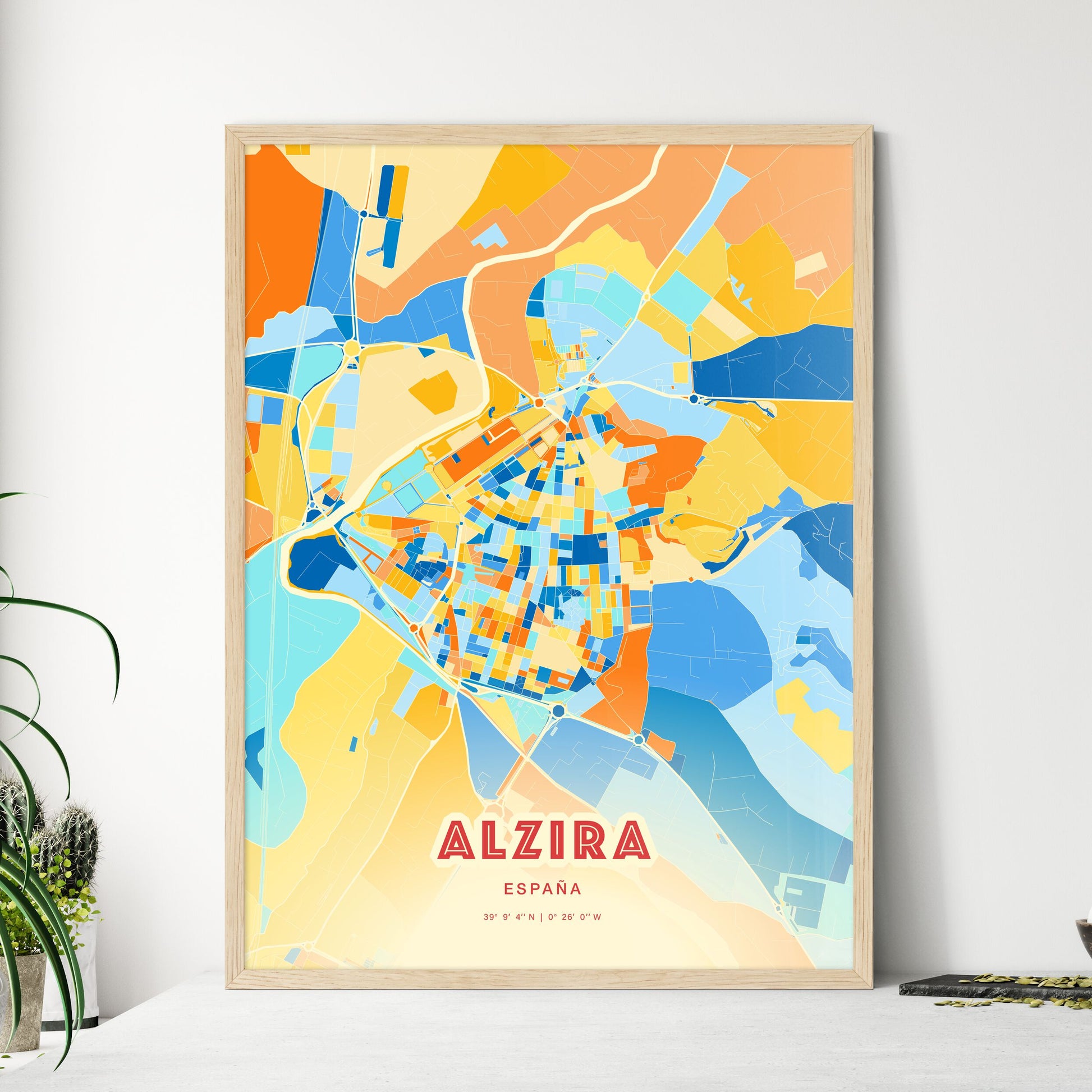 Colorful ALZIRA SPAIN Fine Art Map Blue Orange