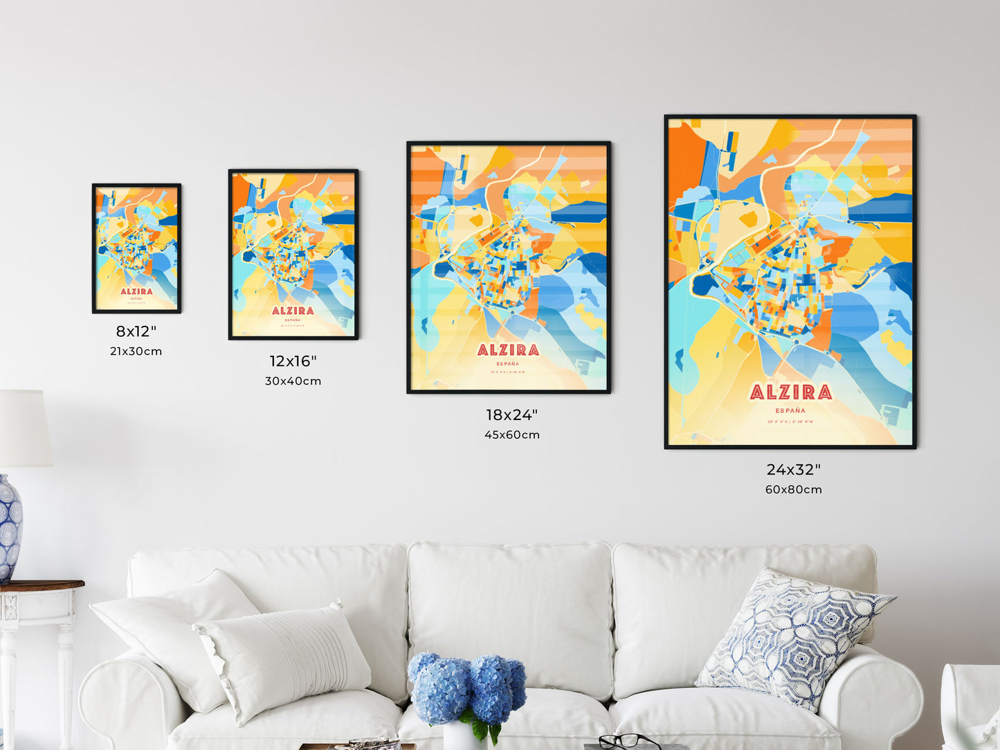 Colorful ALZIRA SPAIN Fine Art Map Blue Orange