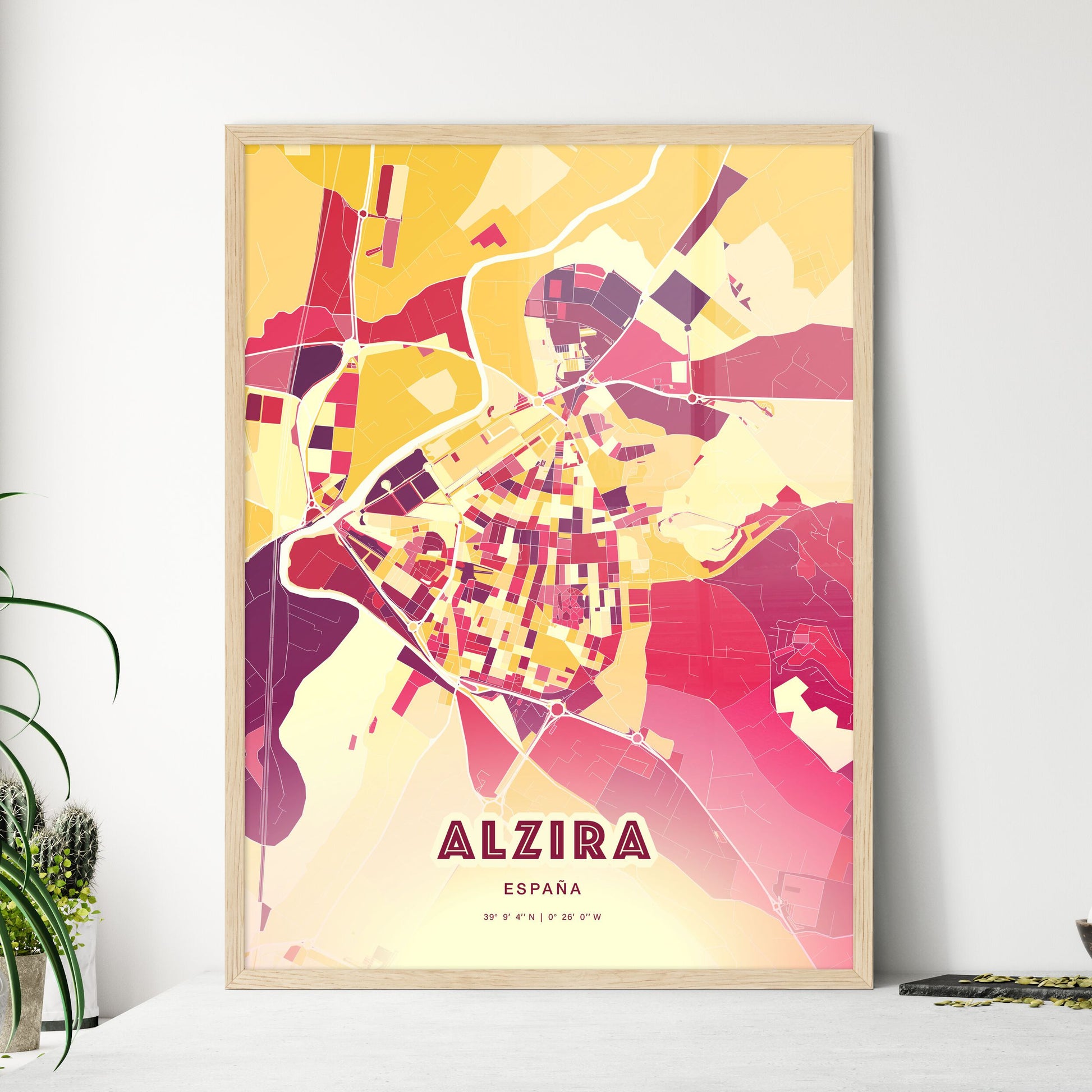 Colorful ALZIRA SPAIN Fine Art Map Hot Red