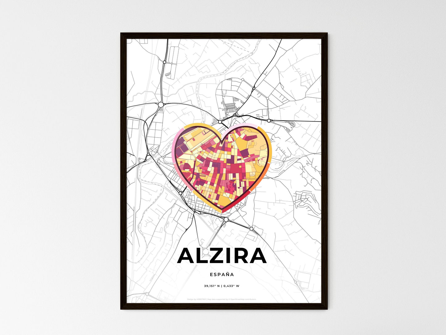 Alzira Spain wedding art map with heart icon