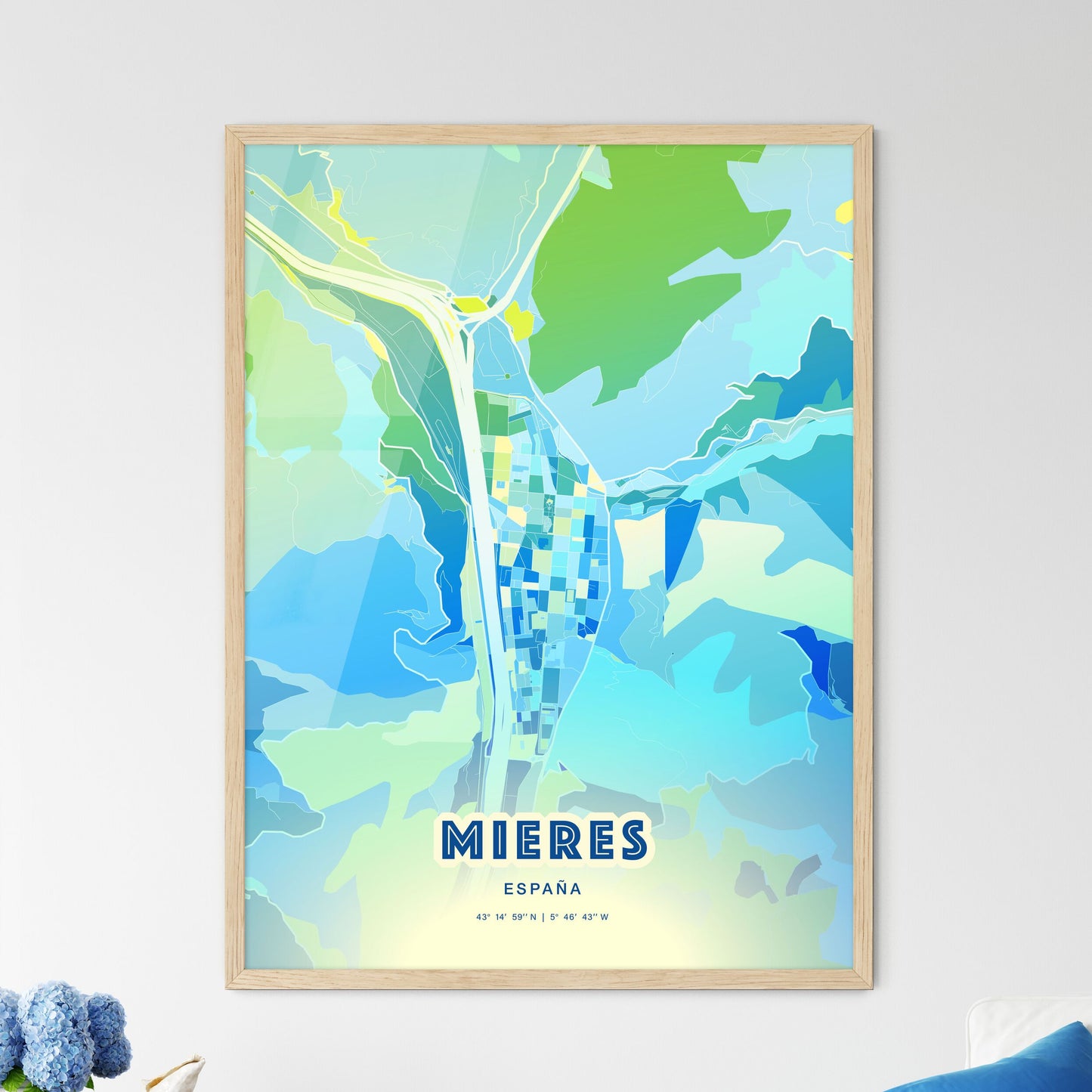 Colorful MIERES SPAIN Fine Art Map Cool Blue