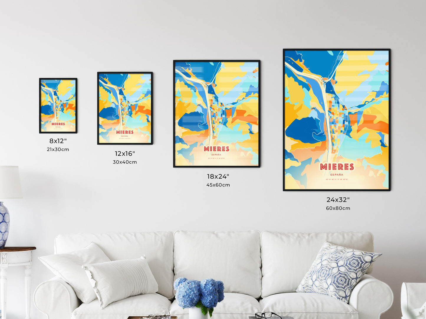 Colorful MIERES SPAIN Fine Art Map Blue Orange