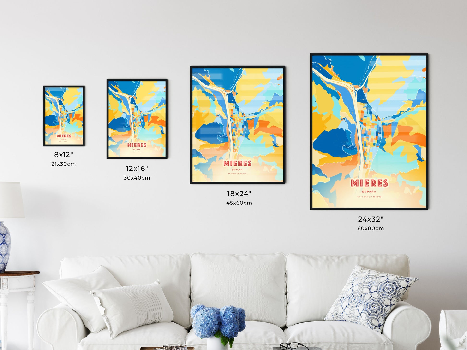 Colorful MIERES SPAIN Fine Art Map Blue Orange