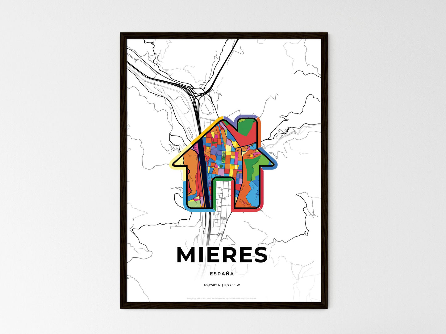 Mieres Spain wedding art map with home icon