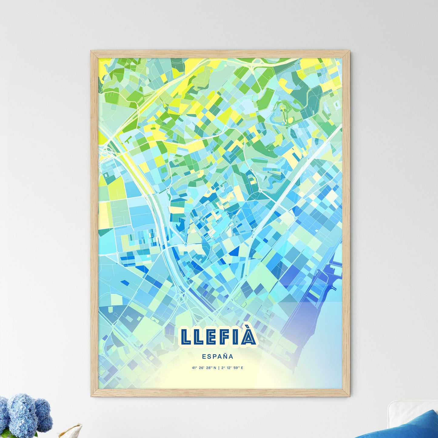 Colorful LLEFIÀ SPAIN Fine Art Map Cool Blue