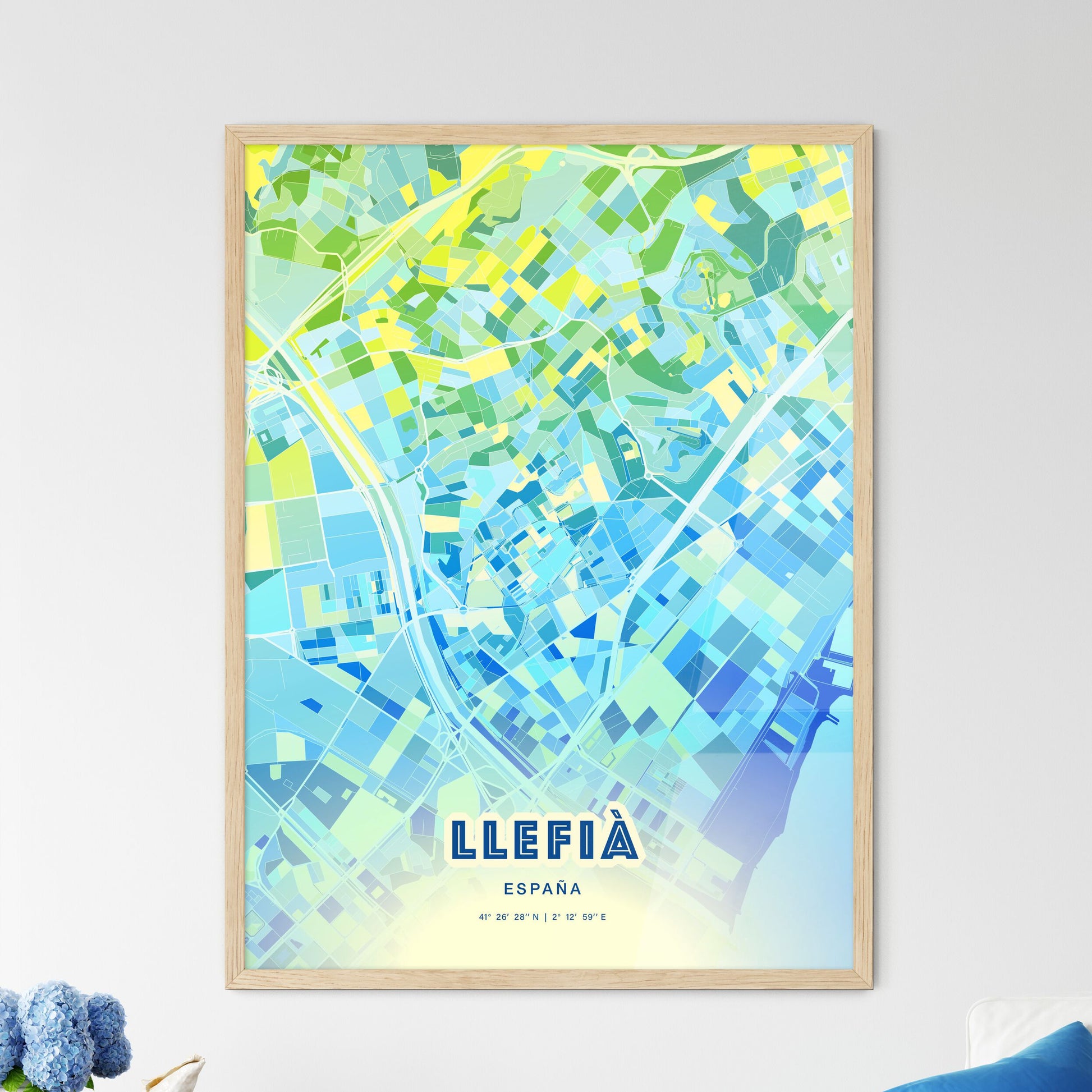 Colorful LLEFIÀ SPAIN Fine Art Map Cool Blue