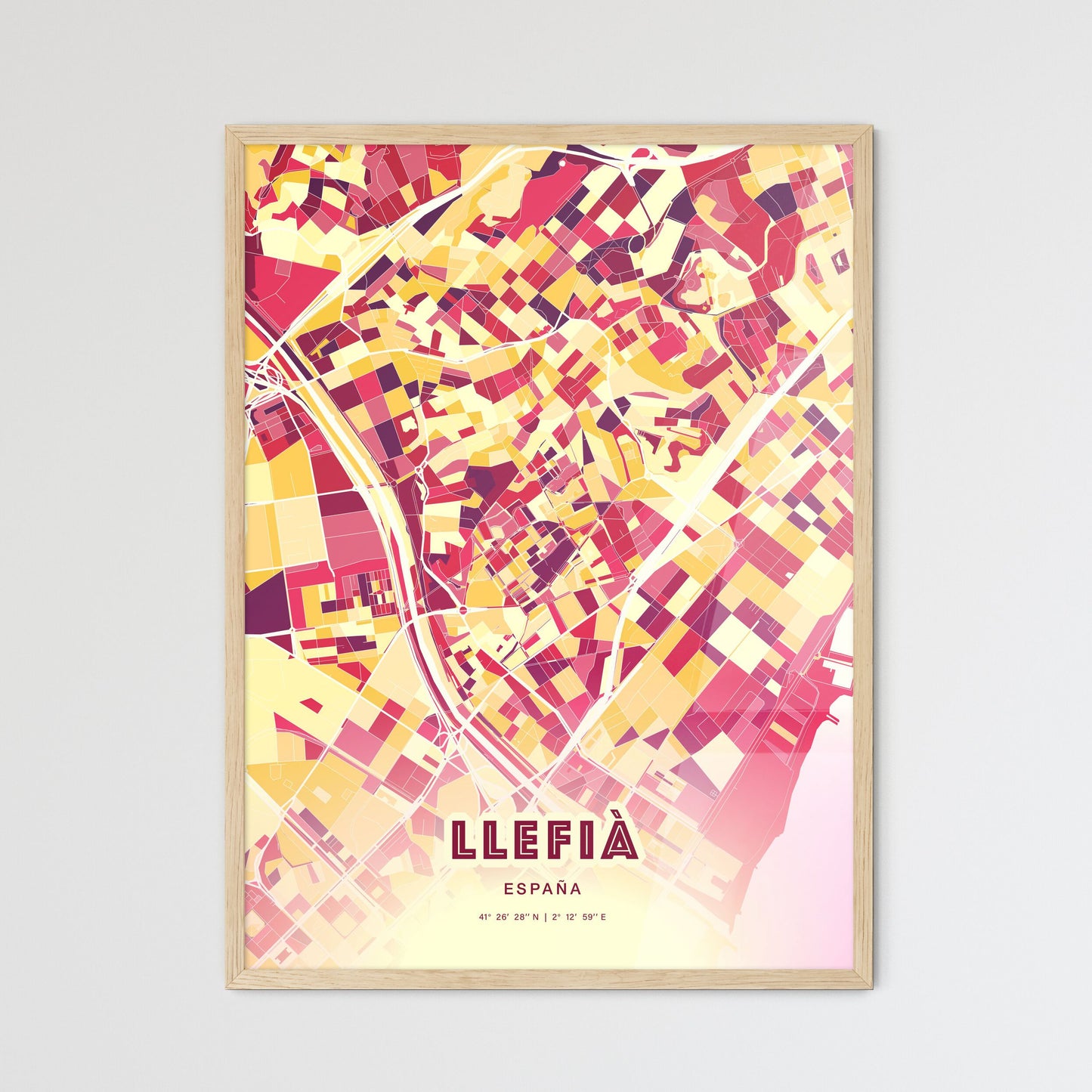 Colorful LLEFIÀ SPAIN Fine Art Map Hot Red