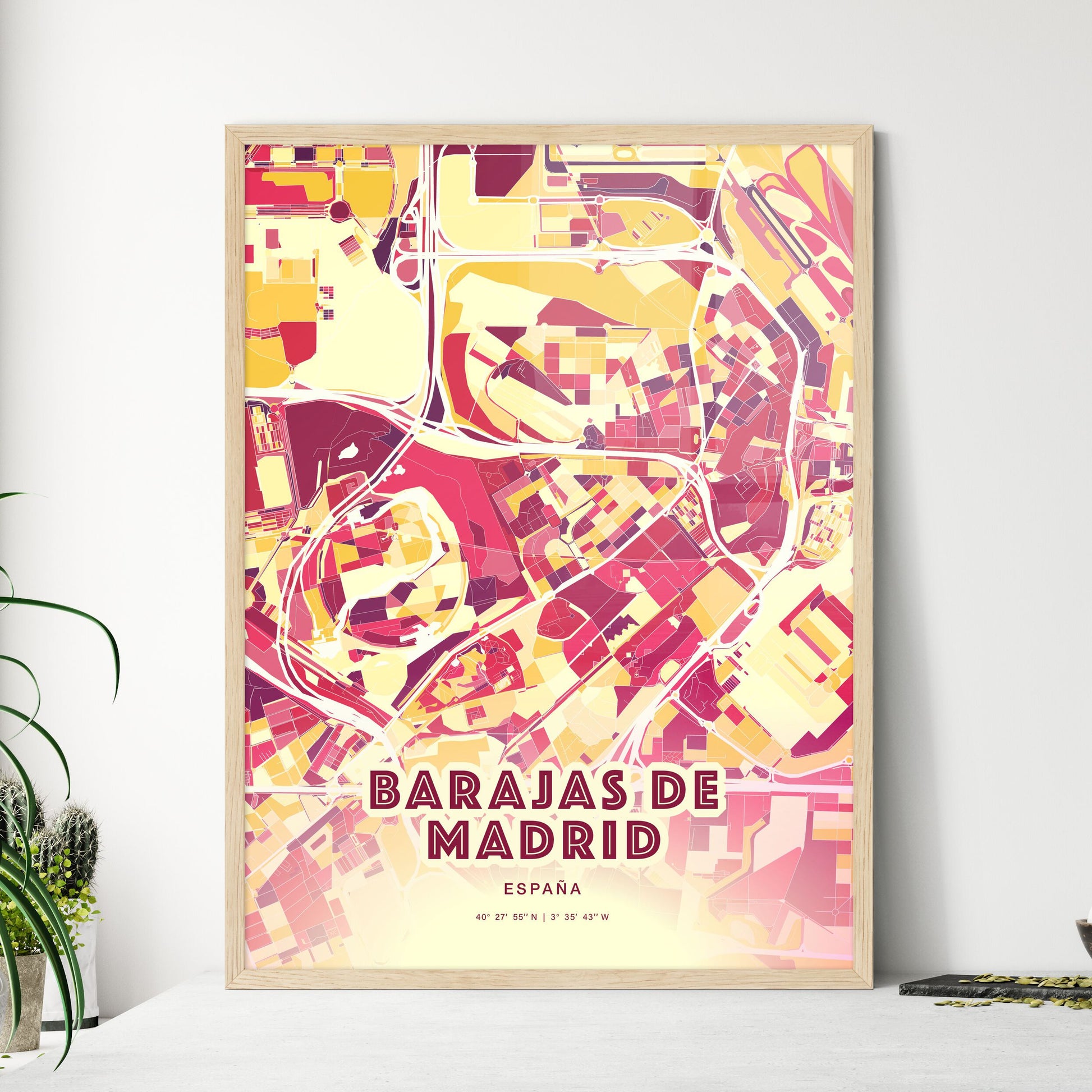 Colorful BARAJAS DE MADRID SPAIN Fine Art Map Hot Red