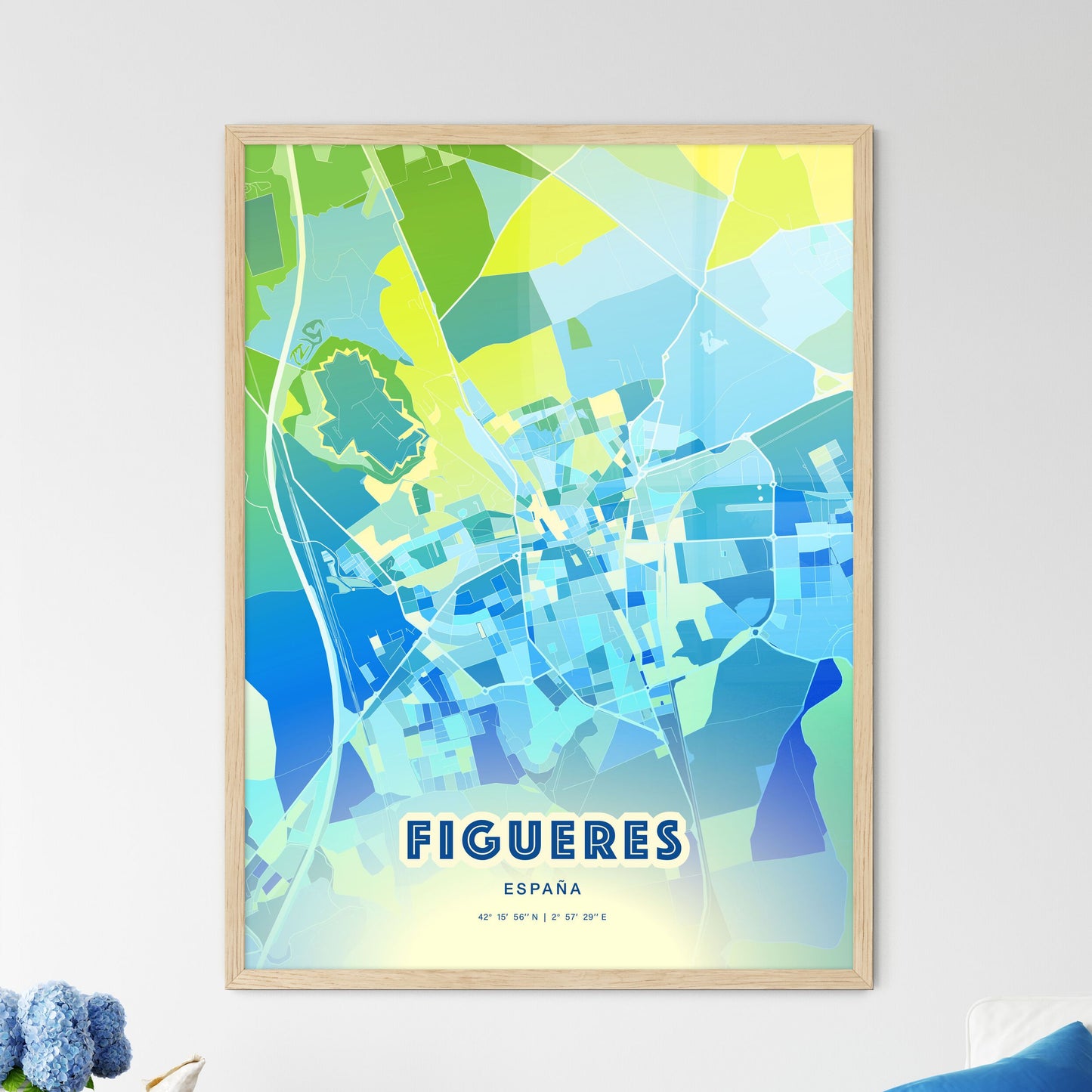 Colorful FIGUERES SPAIN Fine Art Map Cool Blue