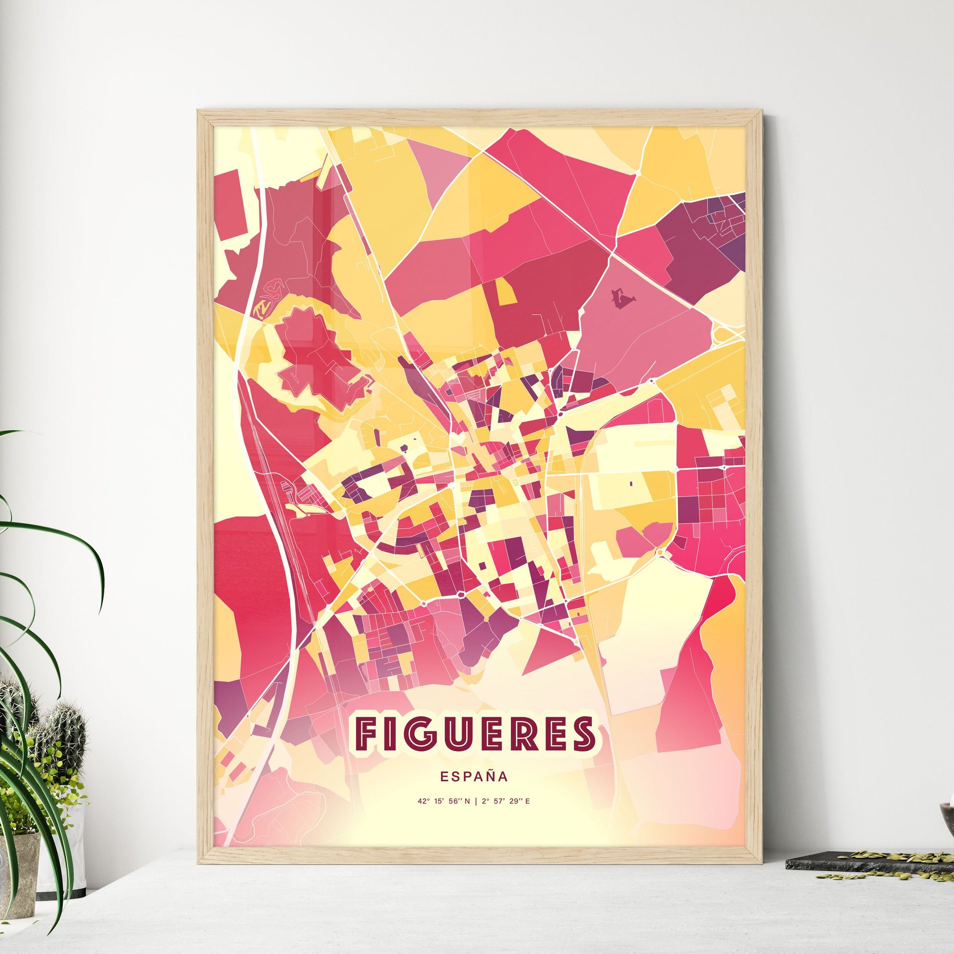 Colorful FIGUERES SPAIN Fine Art Map Hot Red