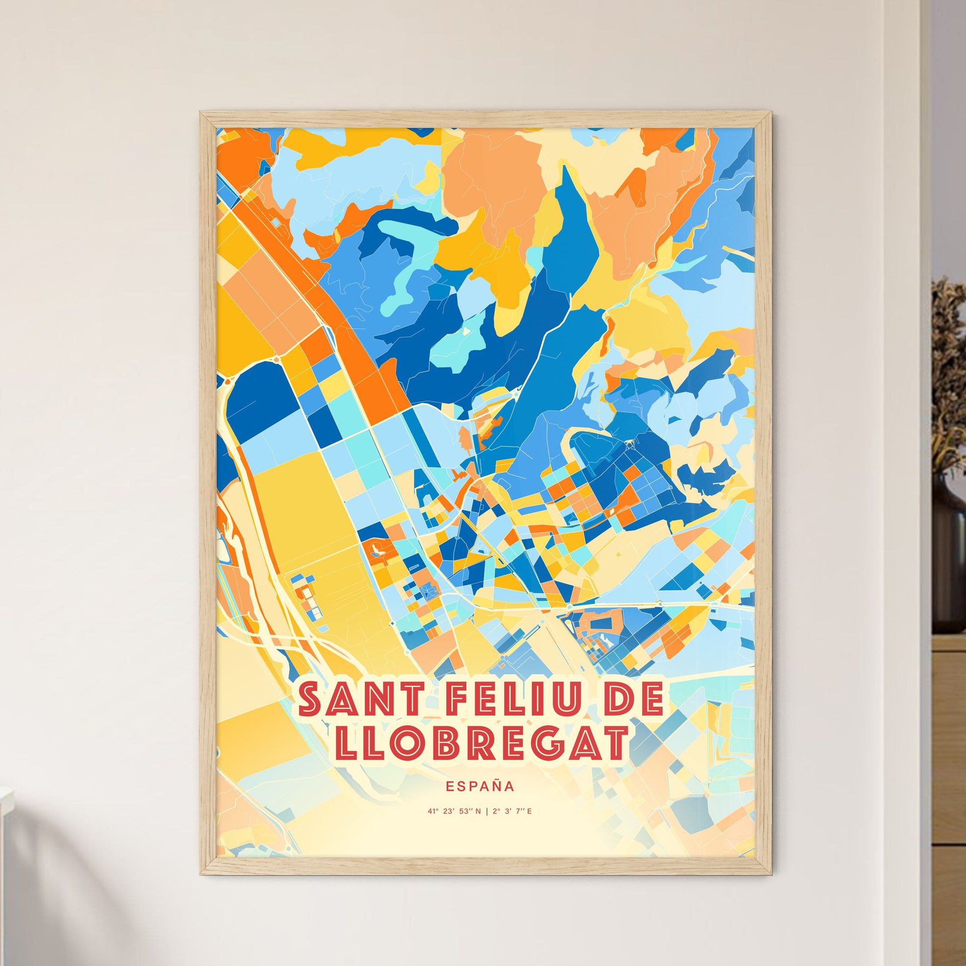 Colorful SANT FELIU DE LLOBREGAT SPAIN Fine Art Map Blue Orange