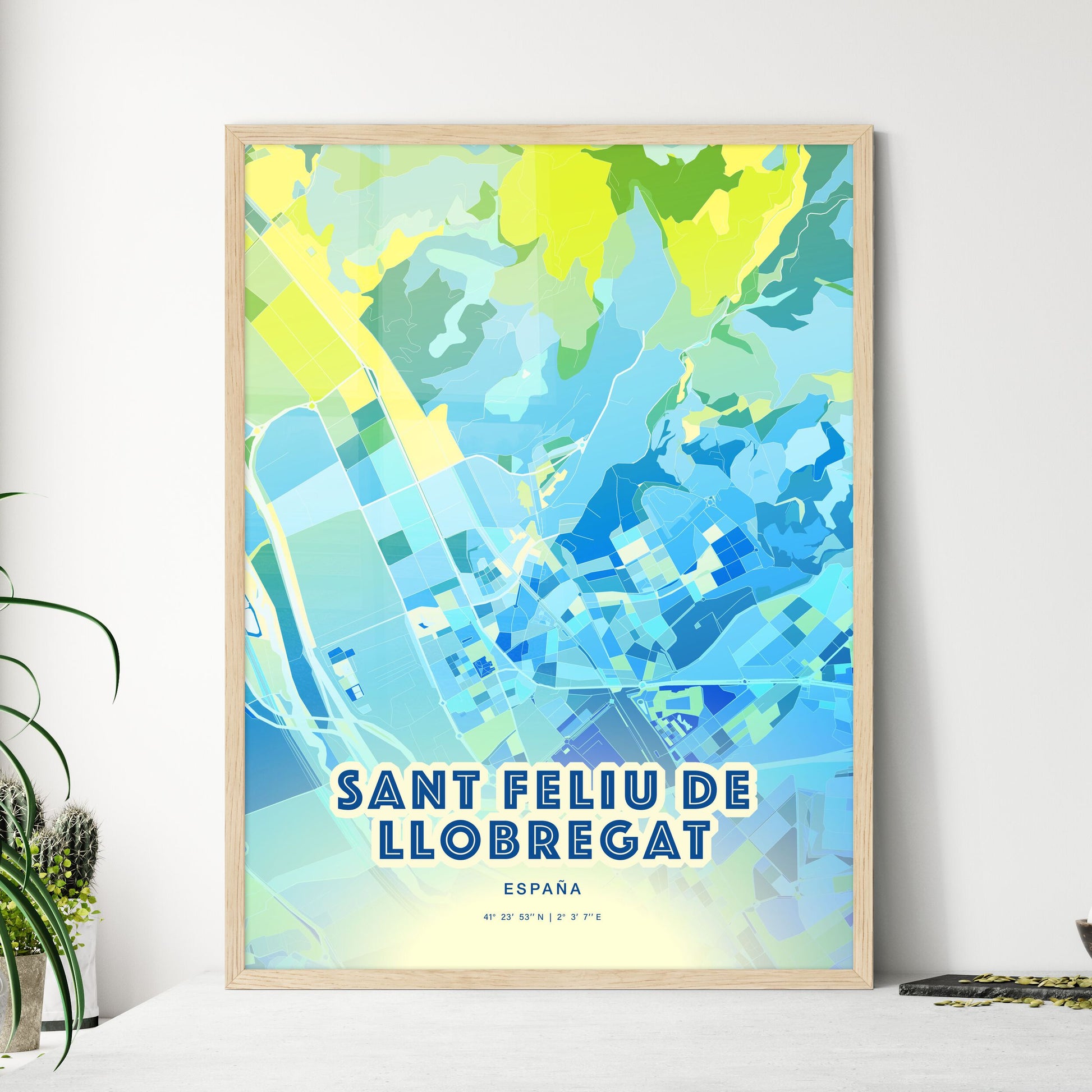 Colorful SANT FELIU DE LLOBREGAT SPAIN Fine Art Map Cool Blue